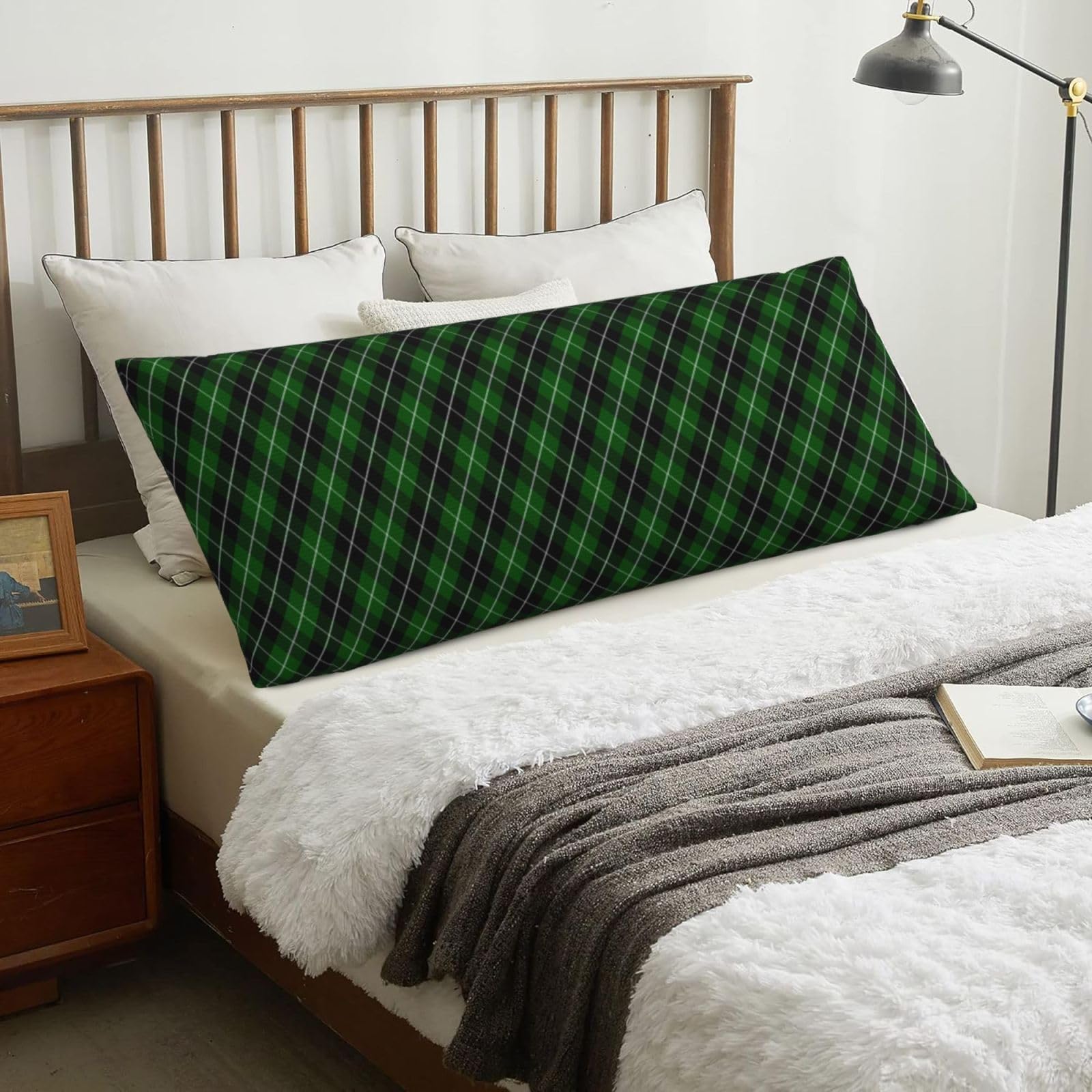 Green Tartan Black Plaid, Body Pillow Cover with Zipper,Long Body Pillowcase 20 x 60 in