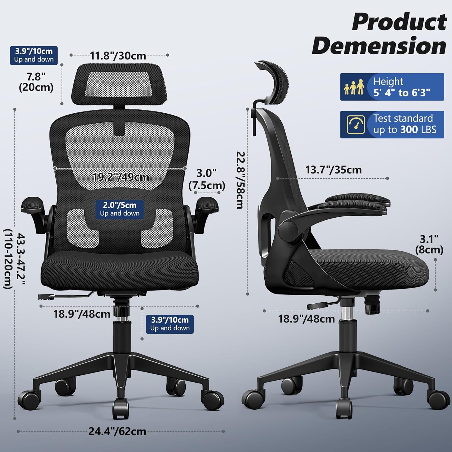 Diagram showing the dimensions of the HeroSet Ergonomic Office Chair Model 611H.