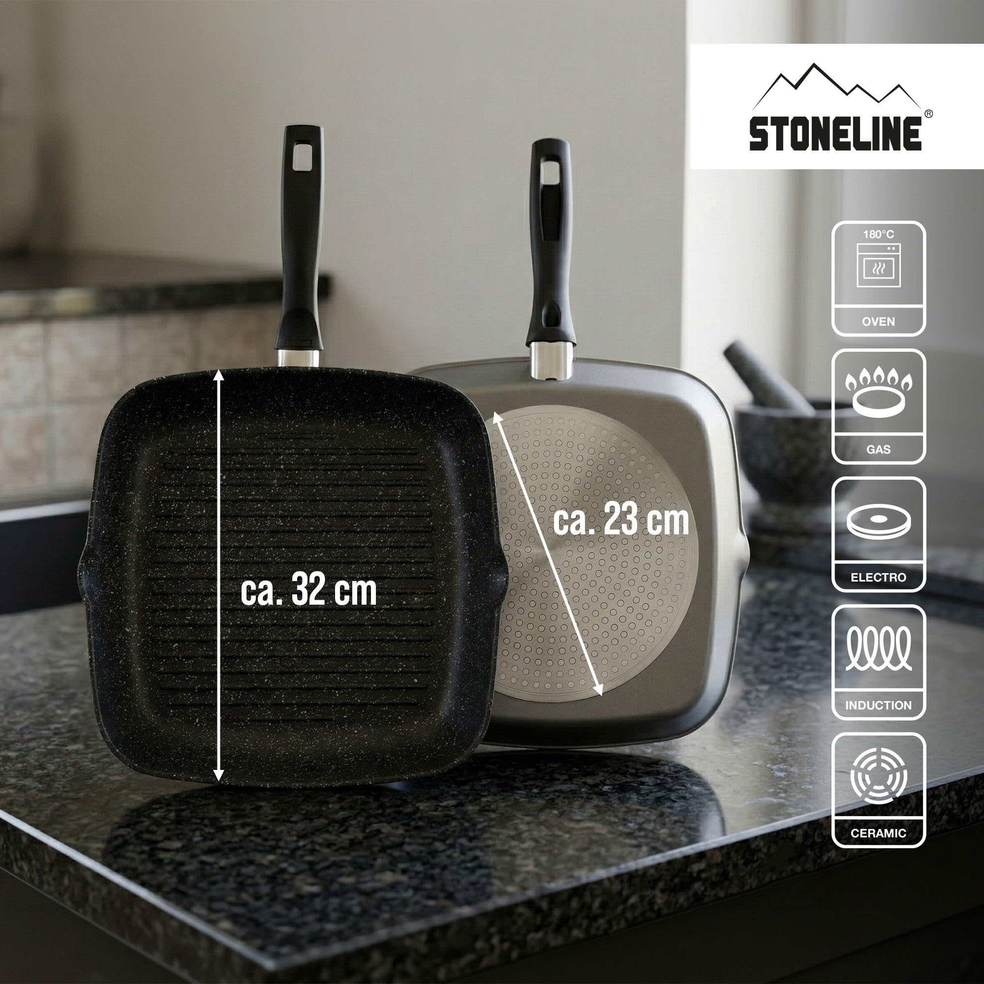 STONELINE Grillpfanne 32 x 32 cm, Aluguss, Antihaftbeschichtung mit echten Steinpartikeln, Große Pfanne Induktion backofengeeignet, Steakpfanne Eckig, Schwarz