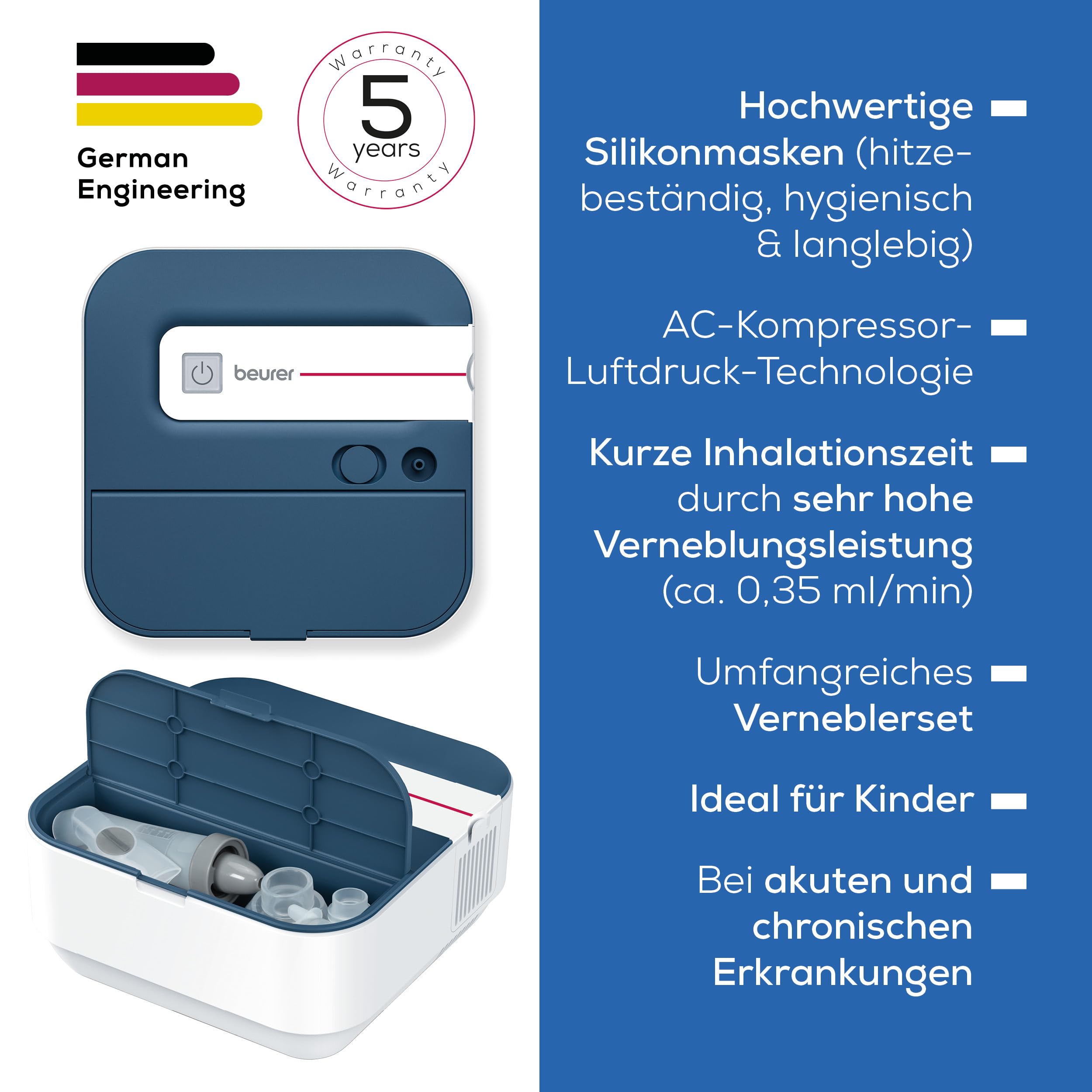 Beurer IH 28 Pro Inhalator, Verneblerset mit hochwertigen Silikonmasken & Nasendusche, hohe Vernebelungsleistung, Inhalationsgerät zur Atemwegstherapie, für Kinder & Erwachsene