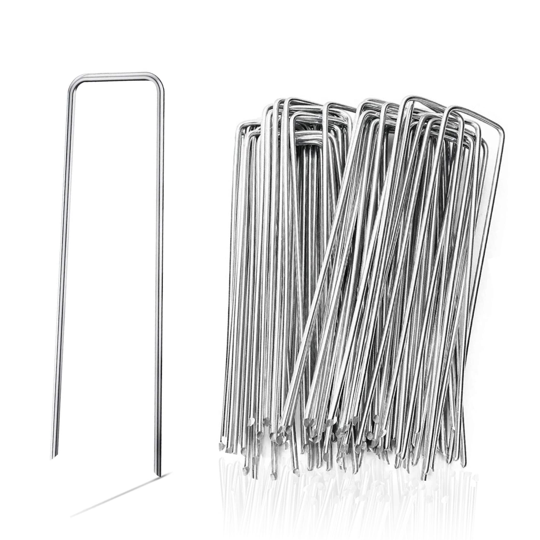 Zuvo - Weed Membrane Pegs (100 Pack) - 6 Inch/150mm U-Shaped Garden Stakes for Securing Lawn, Artificial Grass, Matting, and Netting - Galvanized Steel Ground pegs, Silver