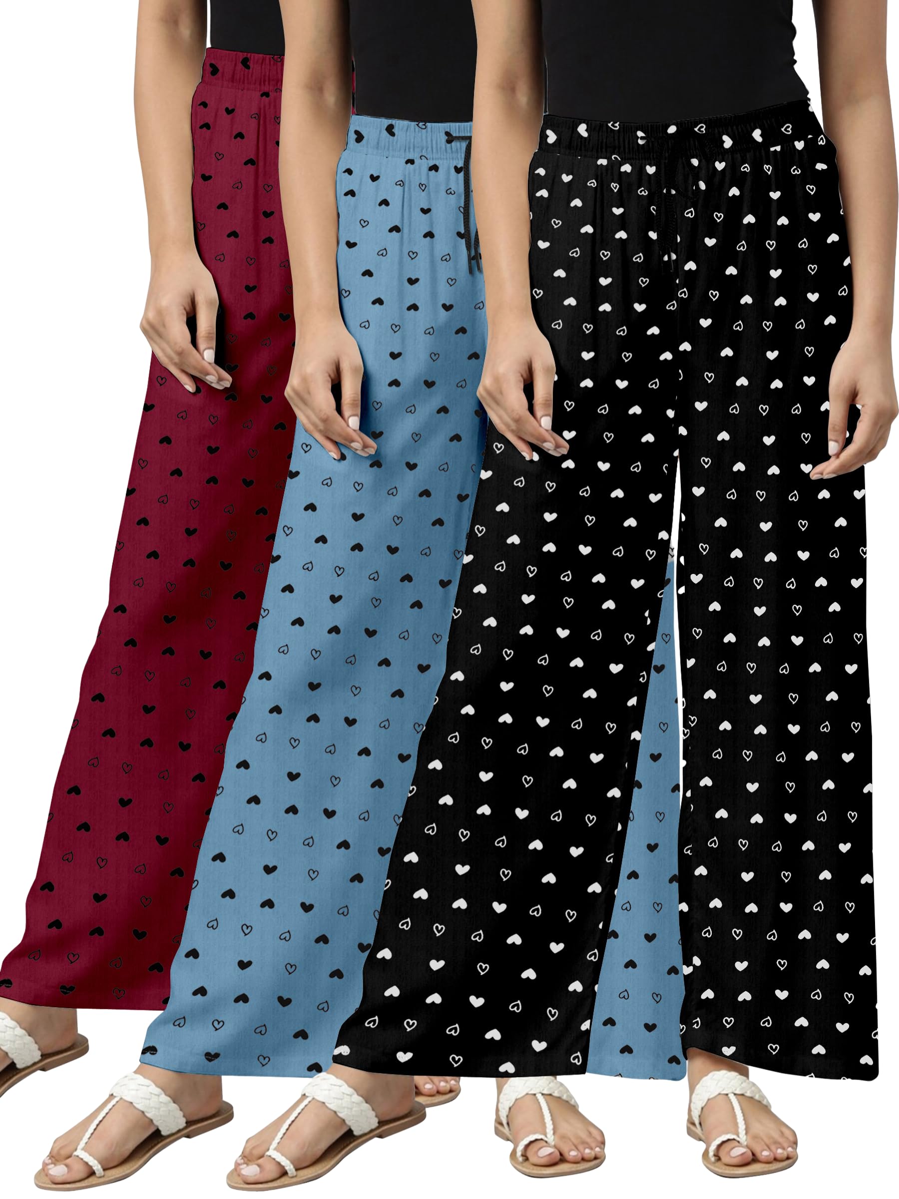 Women’s Stylish Heart Print Pyjamas | Relaxed Fit Wide Leg Bottom | Soft Fabric, Stretch Waist, Perfect for Home & Sleepwear|Pack of 3-picture-26
