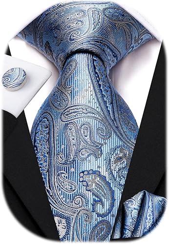 Hi-Tie Conjunto de corbatas de seda para hombre, diseño de cachemira con estampado de cachemira y bolsillo, gemelos cuadrados para negocios y bodas