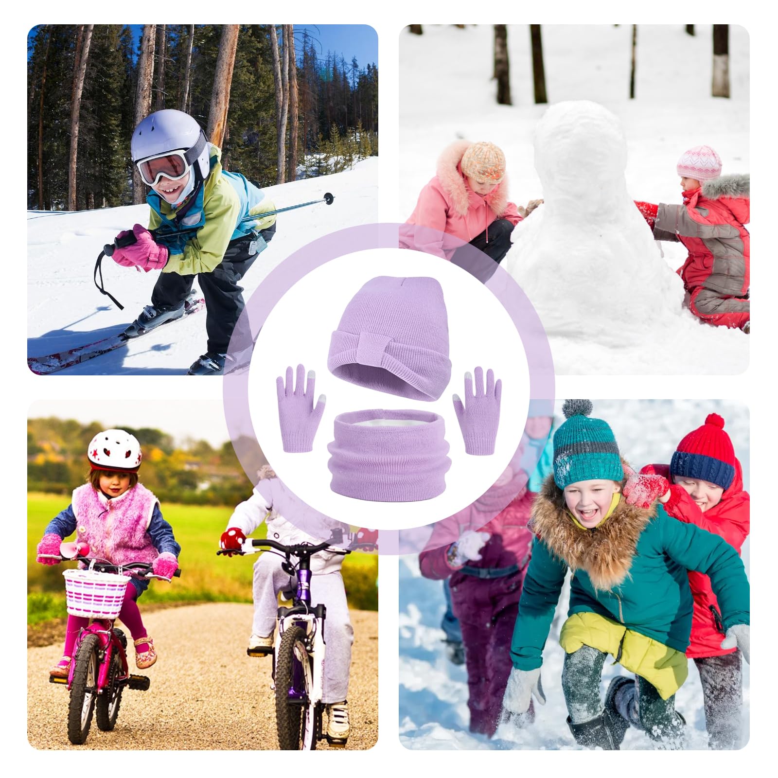 Conjunto de Gorro Bufanda y Guantes 3 en 1 para Niños Invierno 3PCs Púrpura