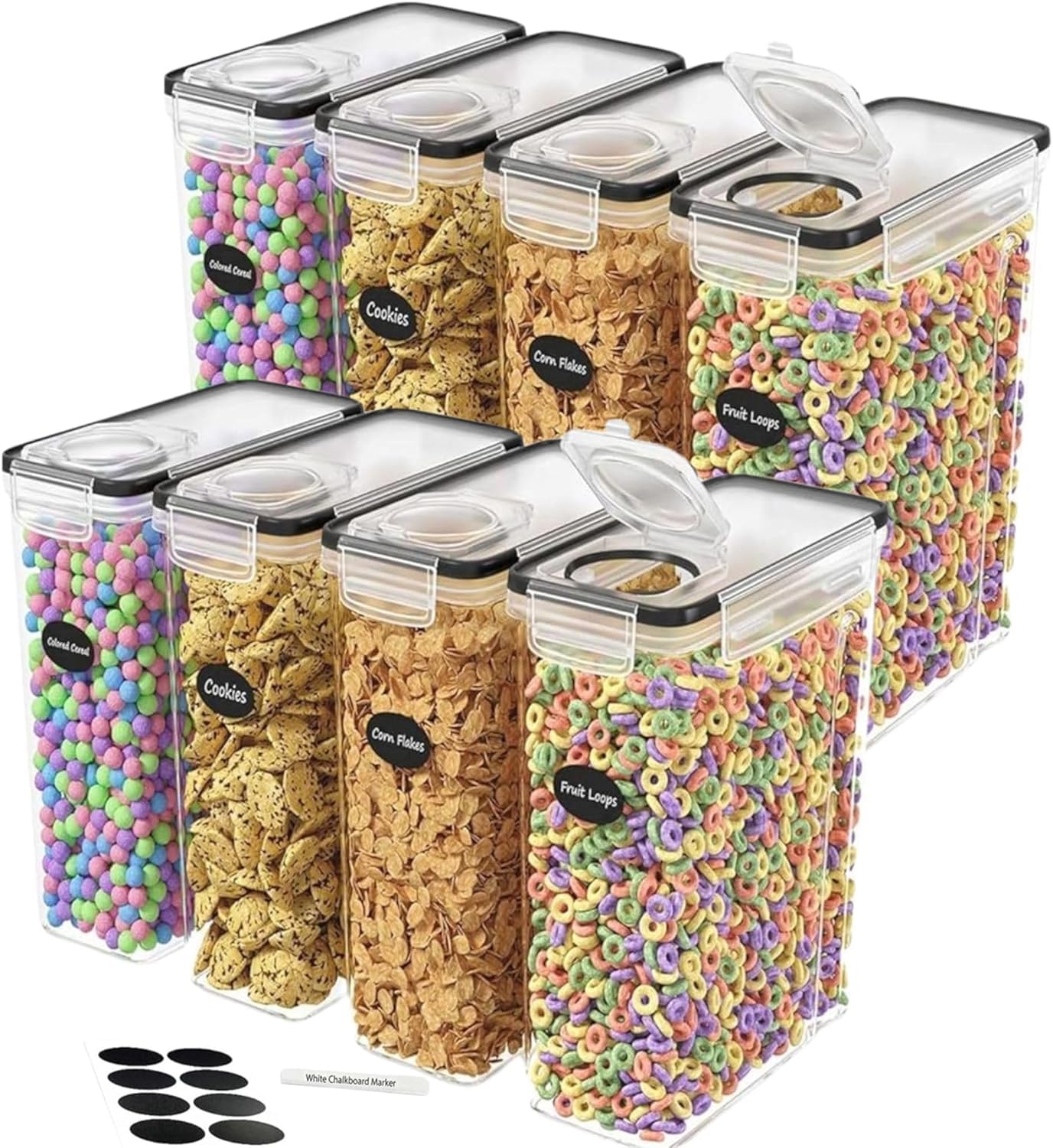 Panzy Cereal Storage Containers – Airtight Food Grade Plastic Dispensers with Lids, BPA-Free Kitchen Storage for Cereal, Flour, Sugar & Dry Foods, Includes Labels & Marker (8)