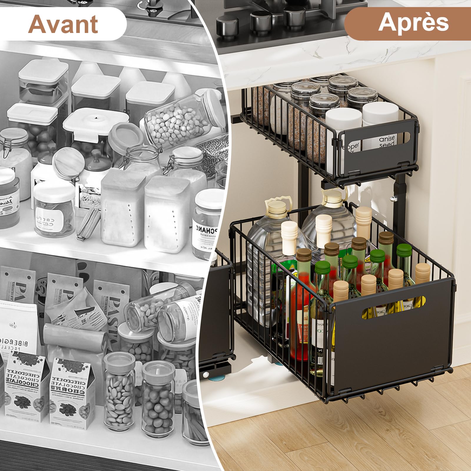 2 Niveaux Rangement Sous Évier,Organisateur Sous Evier Cuisine,Hauteur Réglable Rangement Sous Evier Cuisine,Coulissant Organisateur Sous Evier,pour Cuisines,Bureau, Bain (Noir,1 Pièce)