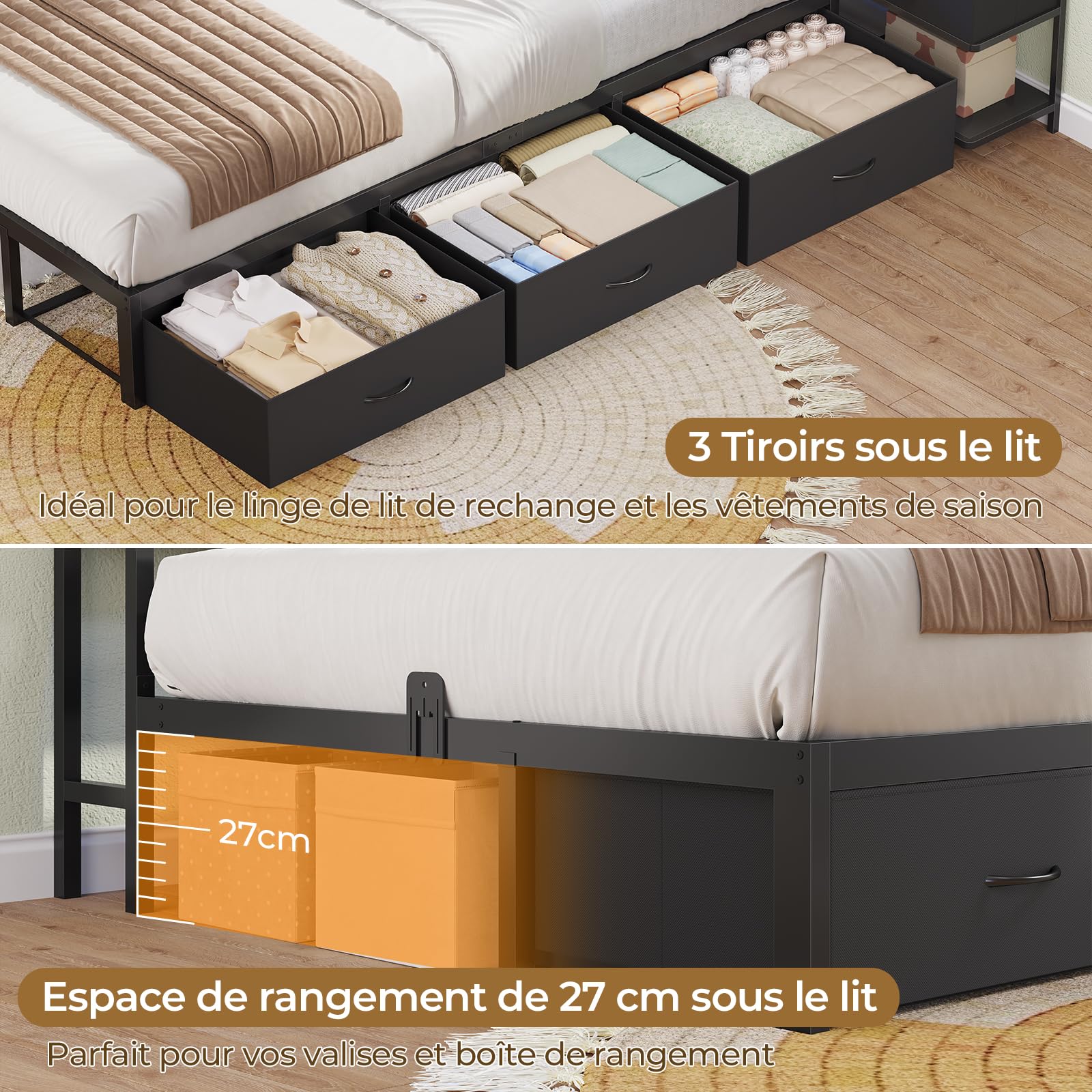 DICTAC Lit 90x190 en L – Banquette-Lit 1 Place avec Tête de Lit Capitonnée (Rangement Secret + Table de Nuit Intégrée), LED RGB & Recharge | Idéal pour Studio & Chambre (Noir)
