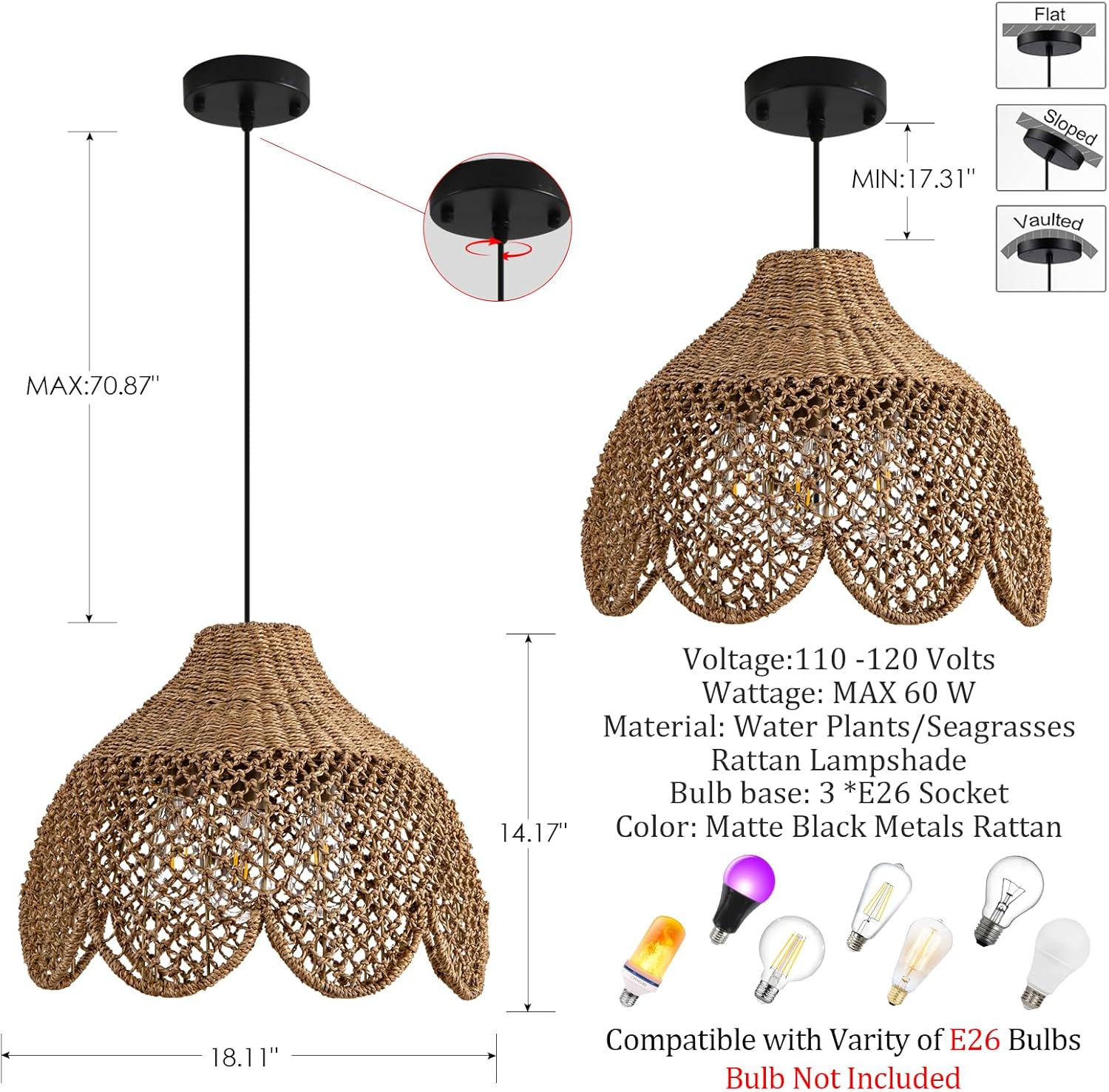 Rattan Pendant Light Fixtures,18.11" Boho Seagrass Pendant Light,3-Light Hand Woven Water Plants Rattan Chandelier for Dining Living Bedroom Kitchen Farmhouse