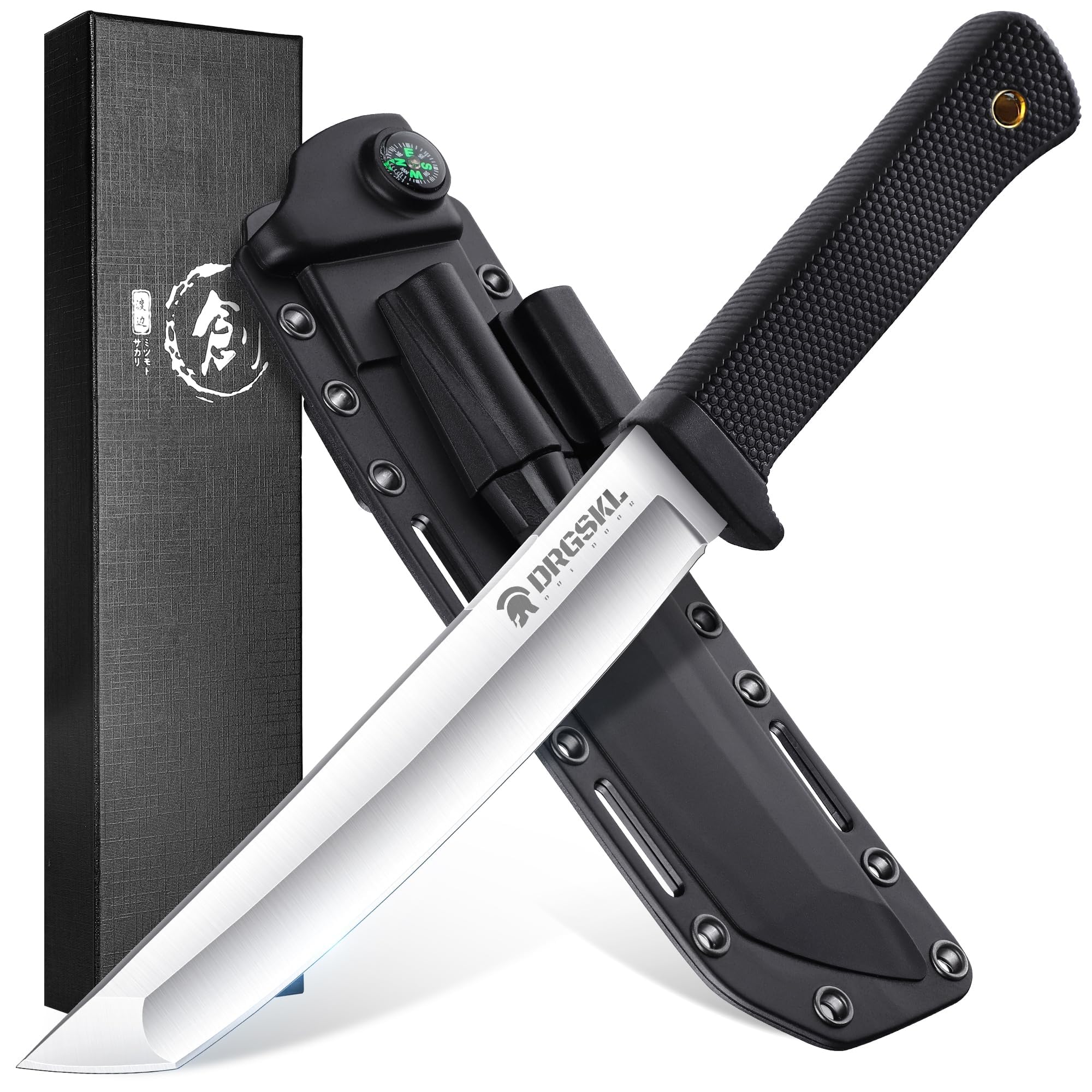 DRGSKL Recon Tanto Survival Messer Outdoor Scharfe Dschungel-Jagdmesser Kydexscheide Bushcraft Outdoor-Messer für Camping Messer, Wandern Weihnachtstag Männer Geschenke Schwarz