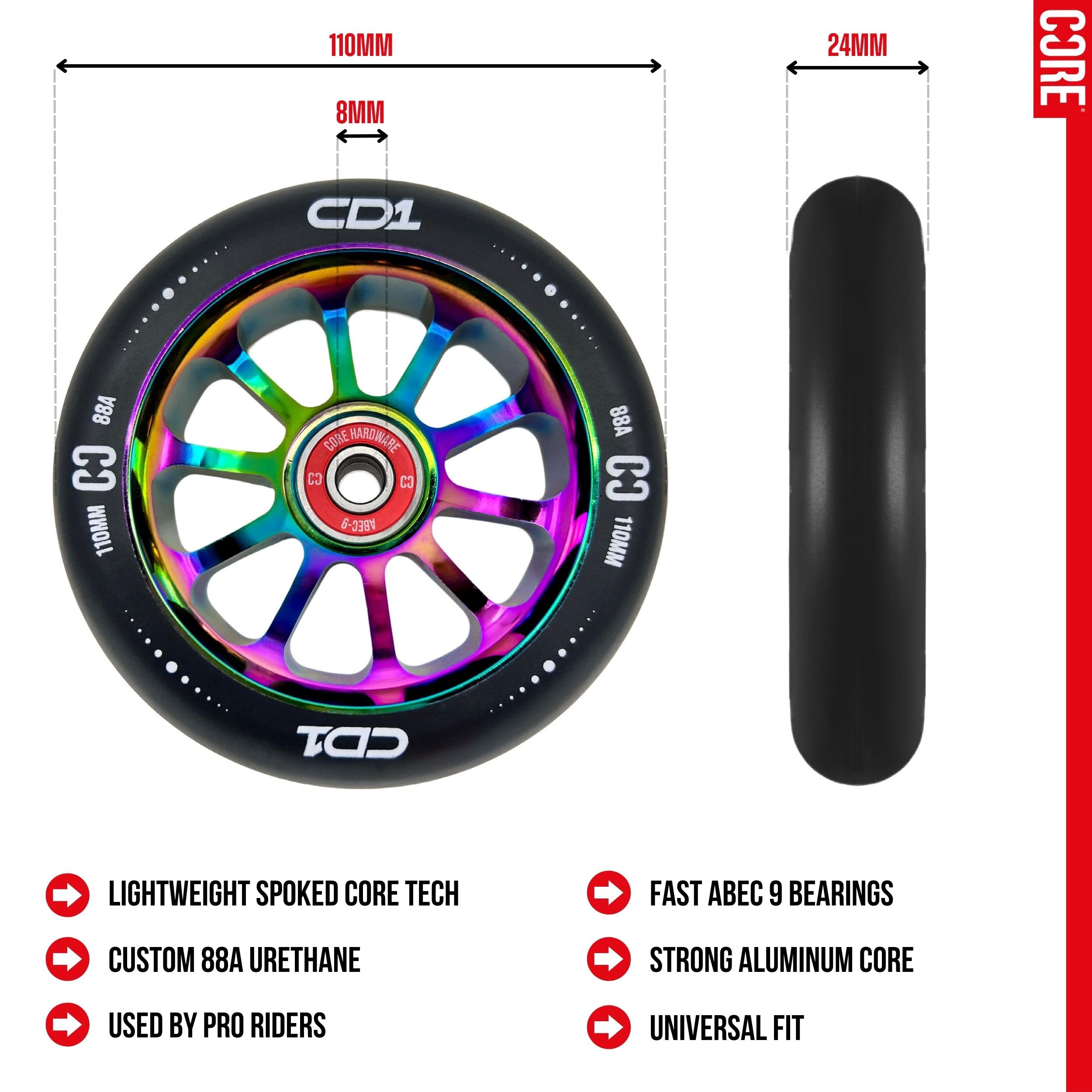 CORE CD1 Spoked Stunt Scooter Wheel 110mm ABEC 9 Bearings (Replacement Pro Scooter Wheels) - Black/Neochrome - Image 3