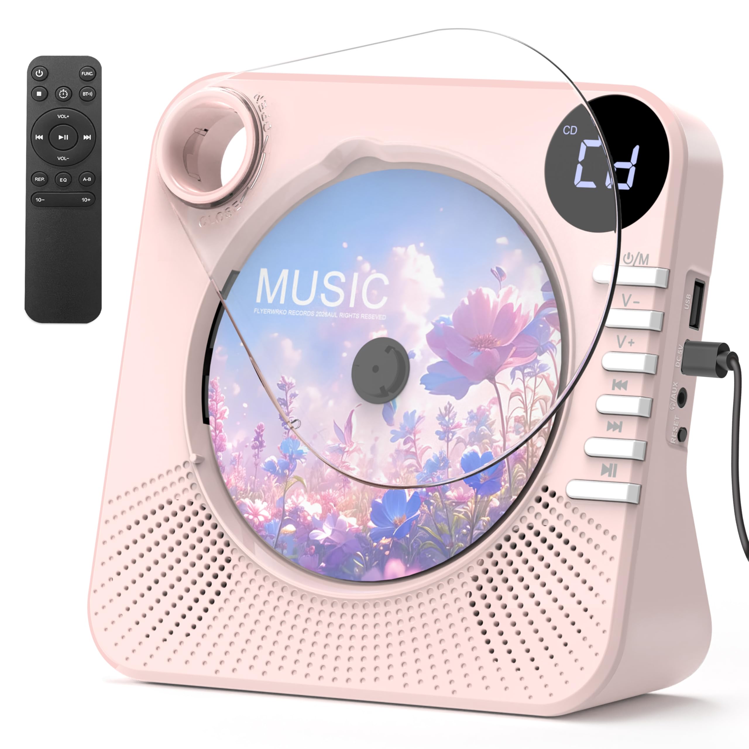 CD Player Bluetooth for Home,Desktop CD Player with Built-in HiFi Speakers,Remote Control,USB,LED Display,Timer,Repeat,EQ Sound,AUX/3.5mm Earphone Jack,Kids,Gift-Pink