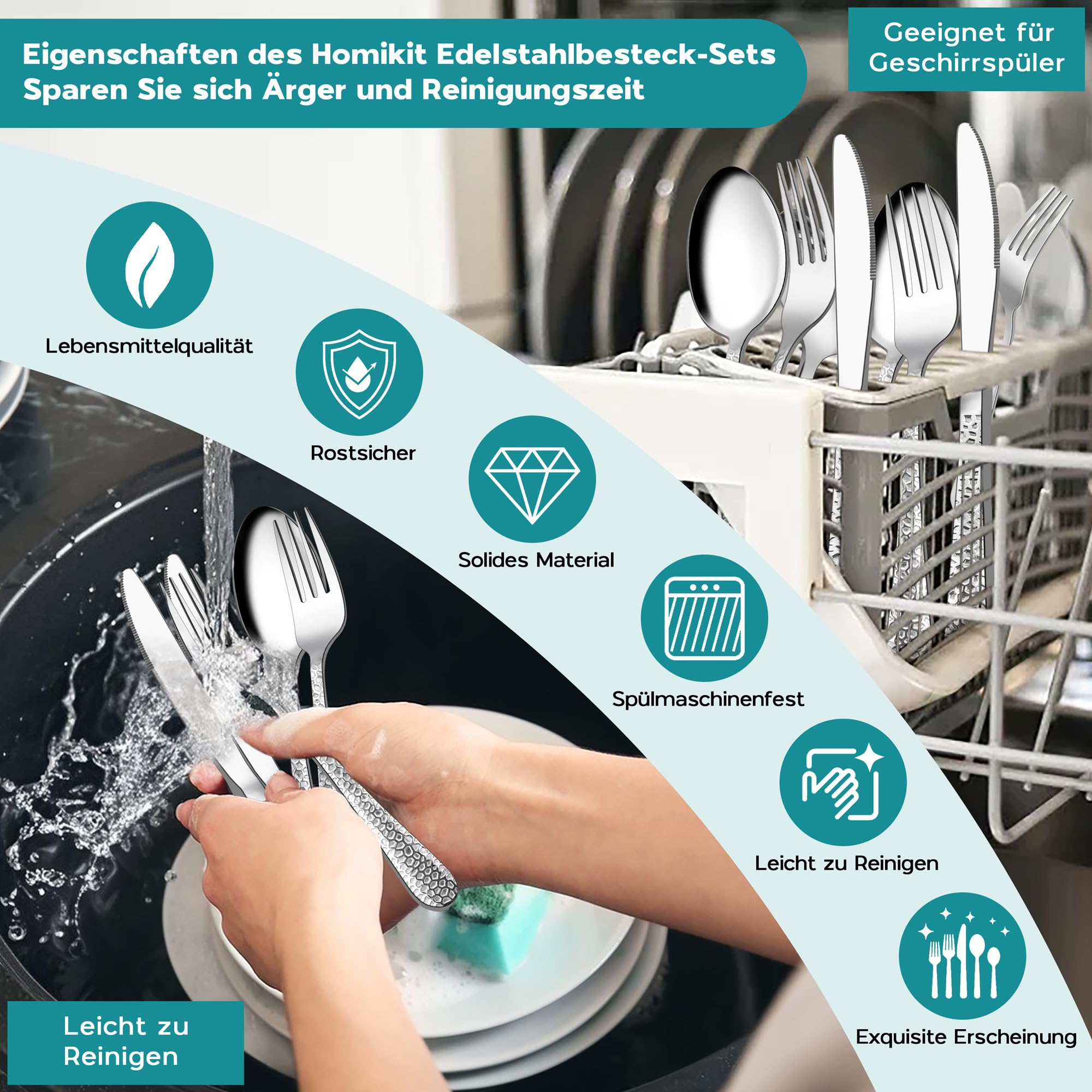 Homikit Juego de cubertería de 60 piezas para 12 personas, cubiertos de acero inoxidable martillados, cubiertos con cuchillo, tenedor, cuchara para familia, fiestas, restaurantes, mango redondo y apto