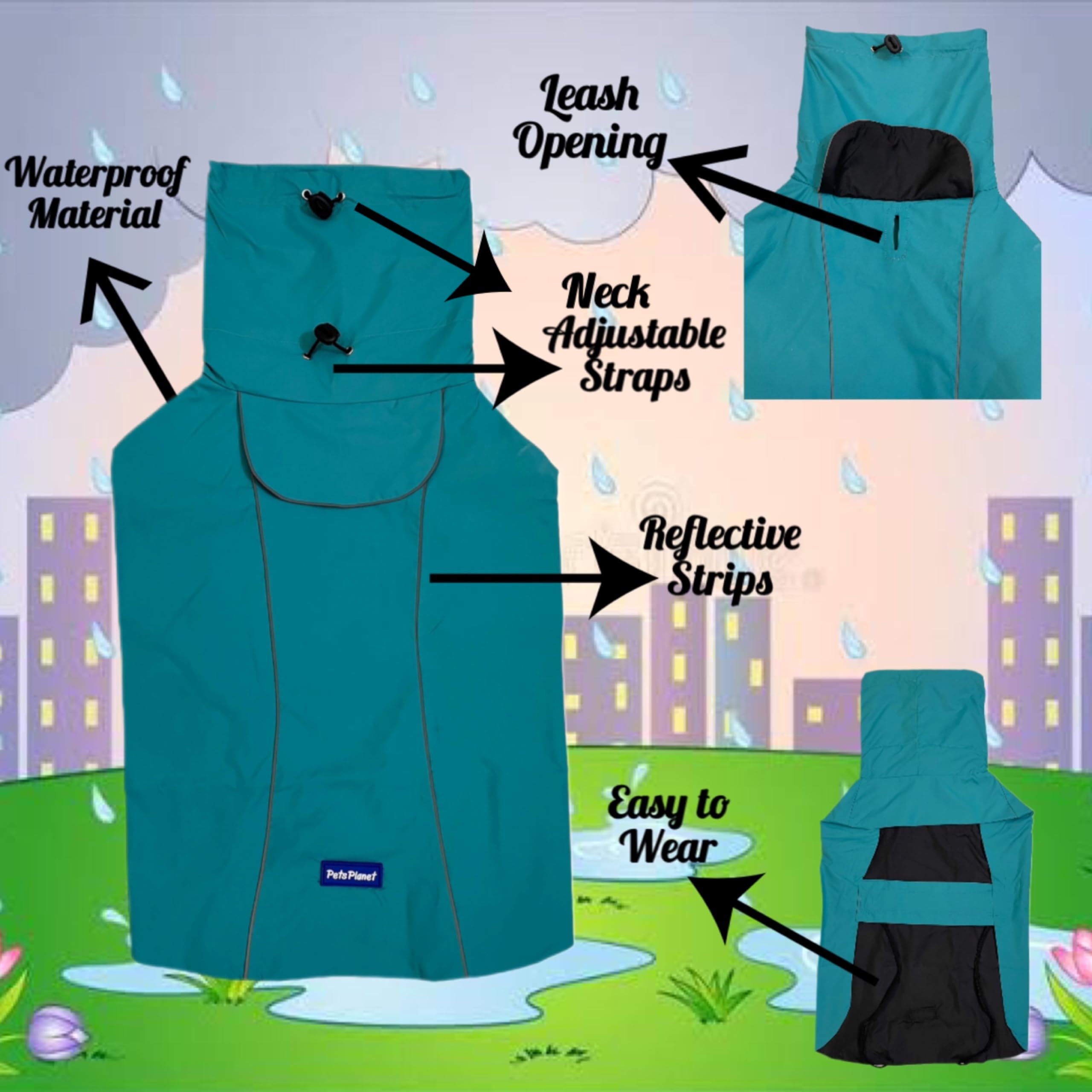 Pets Planet Raincoat for Dogs | Double Layered | Water Resistant | Polyester | for Small, Medium and Large Breed Dogs | Adjustable Waist and Neck | Leash Gap for Walk Time (S, Sky),1 Count 4