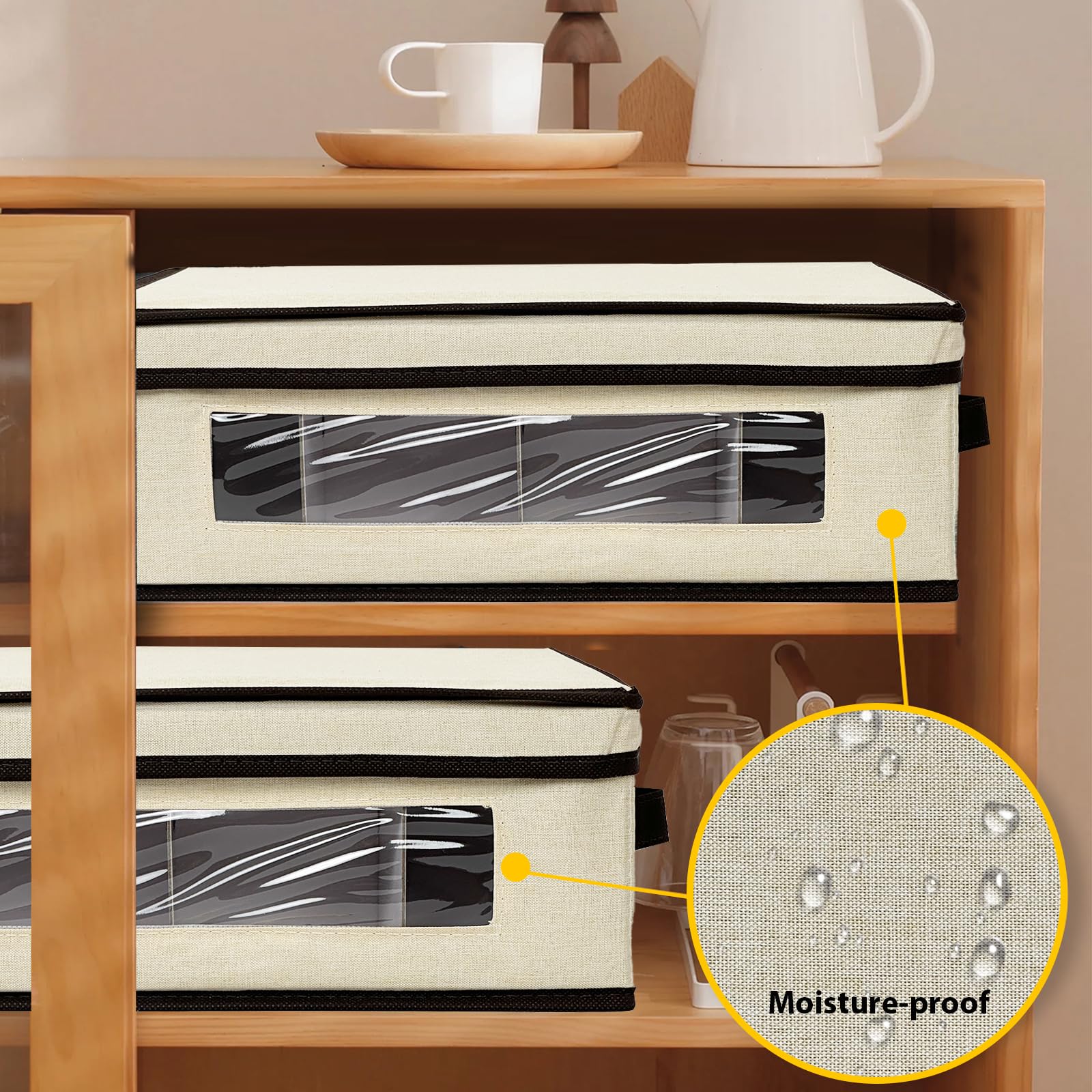homyfort Lot de 2 boîtes de rangement pour tasses avec séparateurs, boîtes de rangement pour tasses en porcelaine à coque rigide avec compartiments pour 24 tasses à thé et tasses à café (beige)