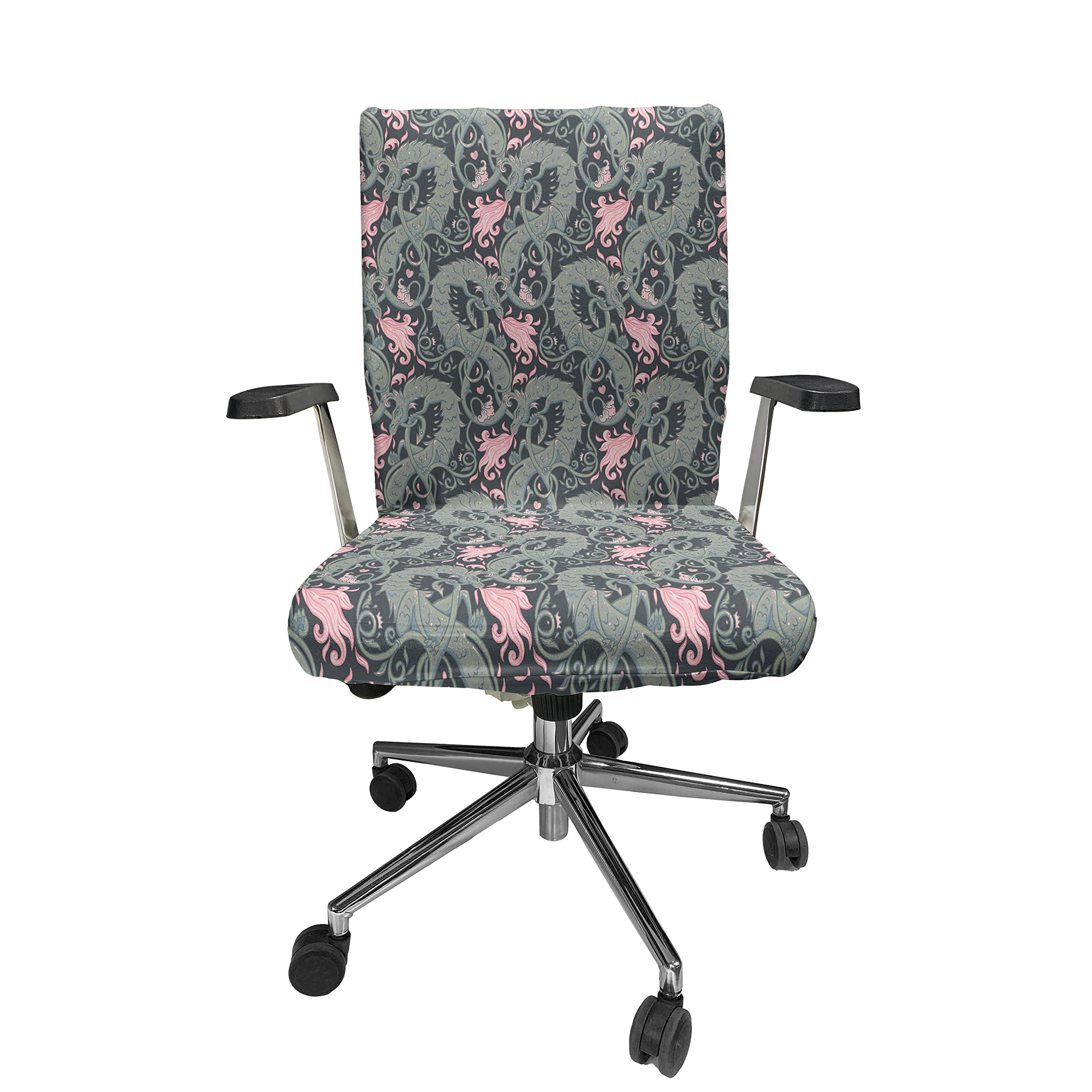 Lunarable Dragon Office Chair Cover, Spewing Pink Colored Basilisk Among Heart Shapes Flowers Dragon, Stretchable Decorative Universal Size High Back Printed Slipcover, Pink Charcoal