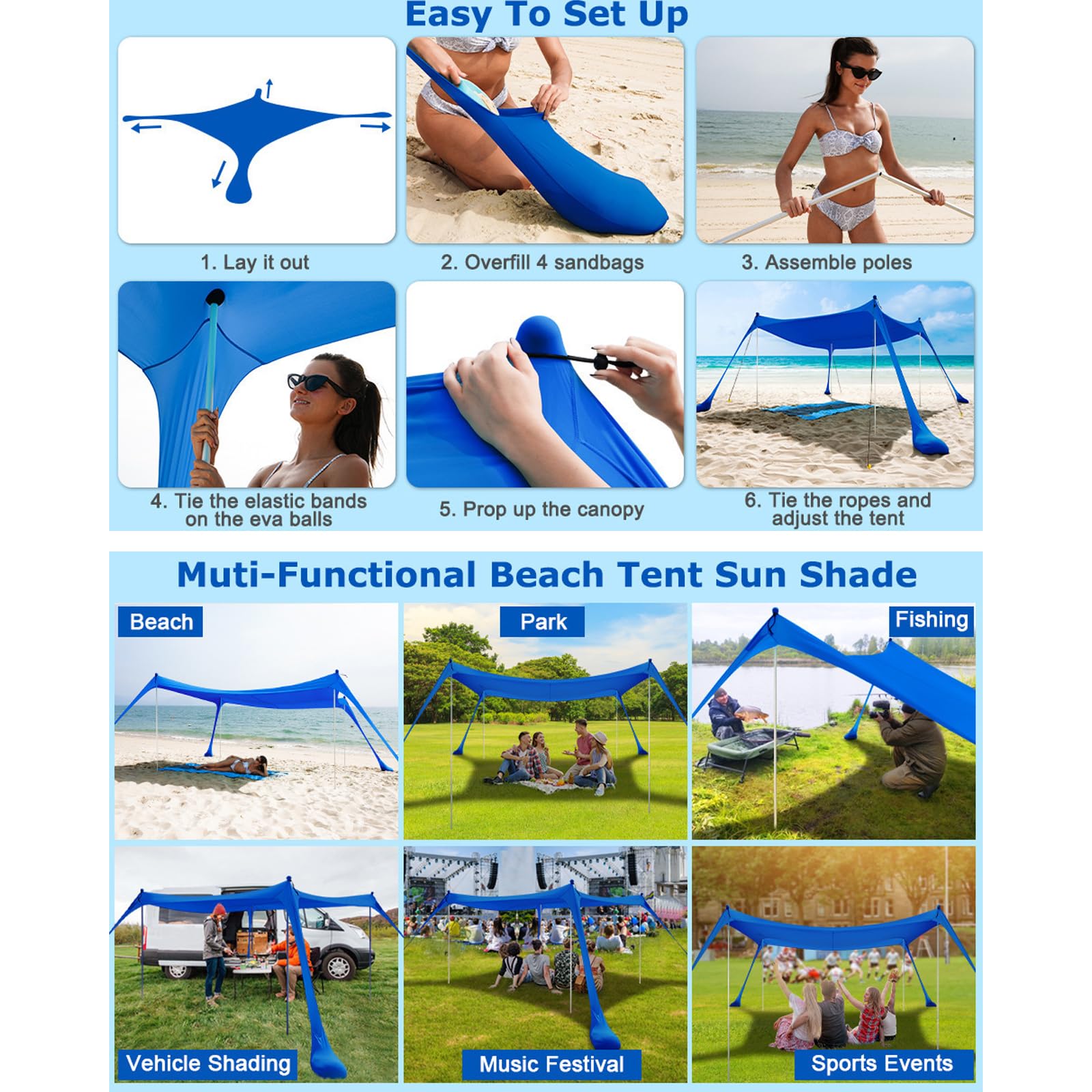 Set tenda parasole per uso in spiaggia, 300 x 300 x 200 cm, colore: blu