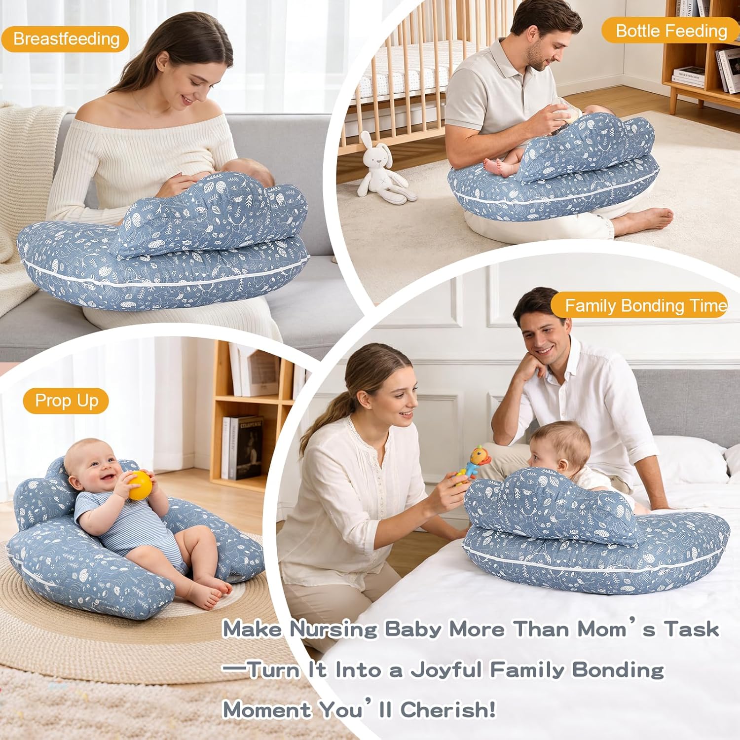 Ergonomic Nursing Pillow with Security Fence for Enhanced Support & Comfort, Breastfeeding Pillow with Removable Cotton Cover - Adjustable Waist Strap for Mom & Baby(Grey Moose)