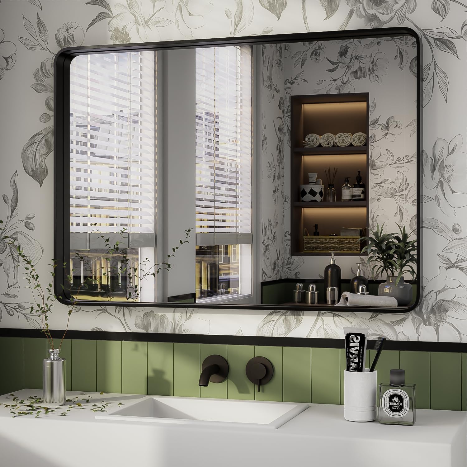 ISKM Black Bathroom Mirror for Wall 40" x 24" Matte Black Framed Vanity Mirror, Shatter-Proof, Tempered Glass, Rounded Rectangle Mirror(Horizontal/Vertical) Black 40"L x 24"W