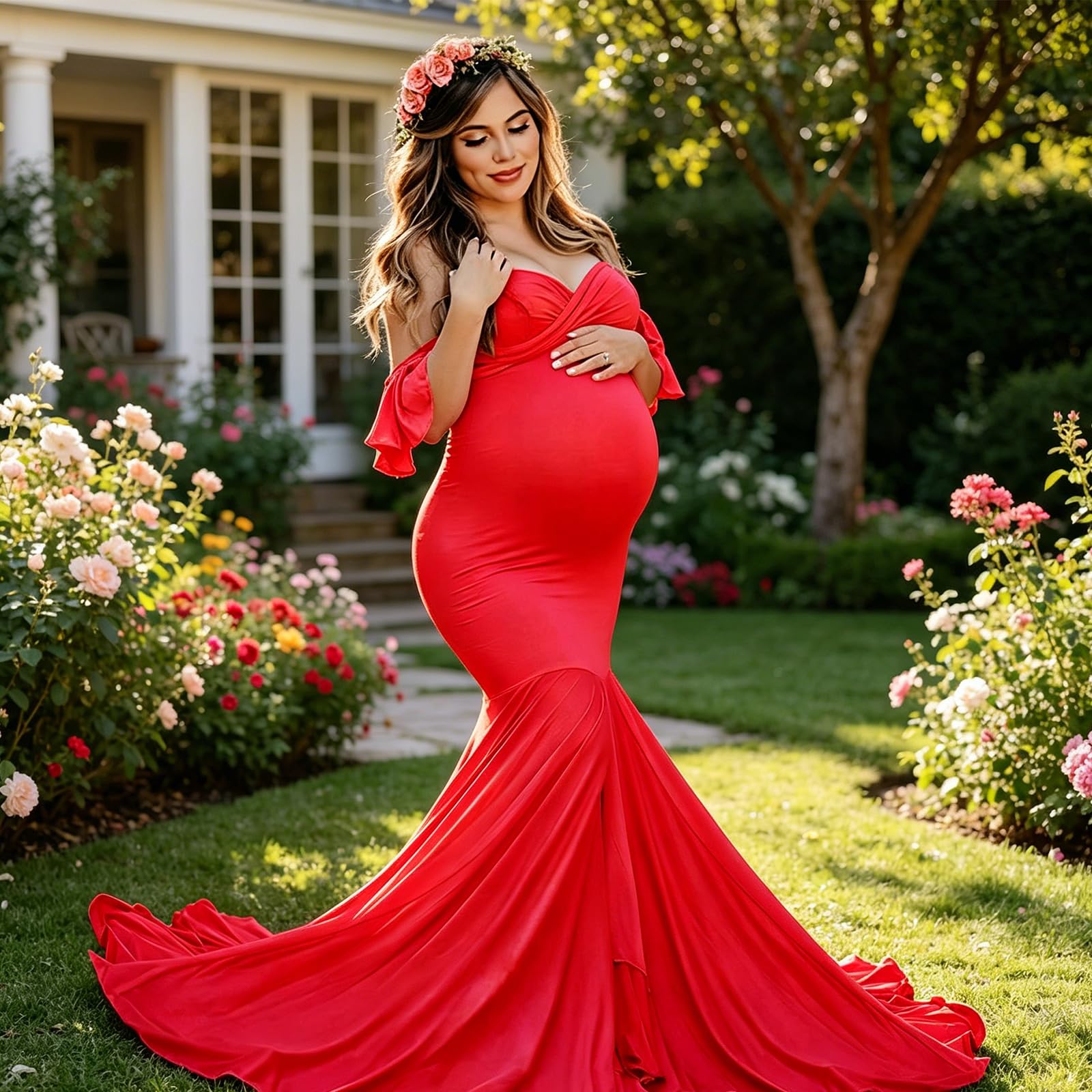 Elegante vestido de maternidad, vestido largo de algodón con dobladillo de arrastre y mangas con volantes para sesión de fotos y ropa de maternidad para invitados de boda