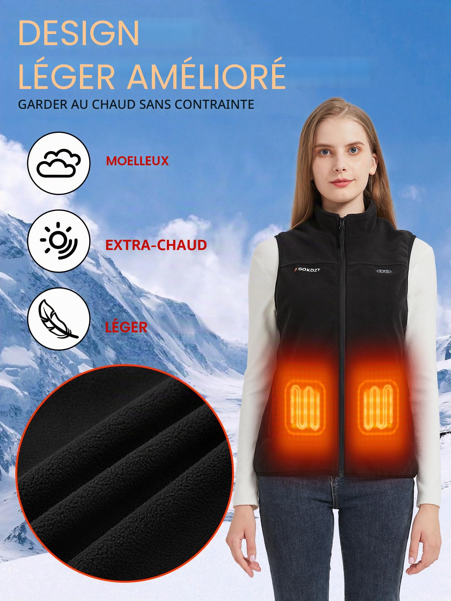 Gokozy Gilet Chauffant Femme Polaire avec Batterie,Polaire Veste Chauffante Femme,Doudoune Chauffante Femme Gilet Chauffant avec 3 Températures pour Randonnée Ski Camping