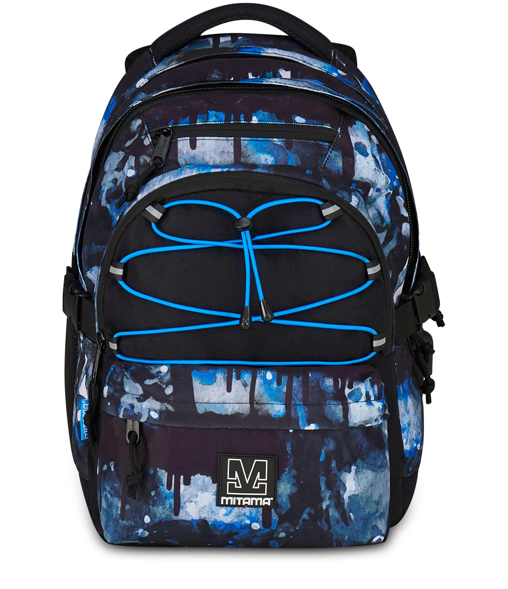 Mitama Zaino Scuola #BDBF BLUEDROPS, Blu, Zaino Triplo Scomparto, Tasca Porta Borraccia, Porta USB Integrata, Larghezza Regolabile, Zaino Scuola Media e Superiore, Ragazzo