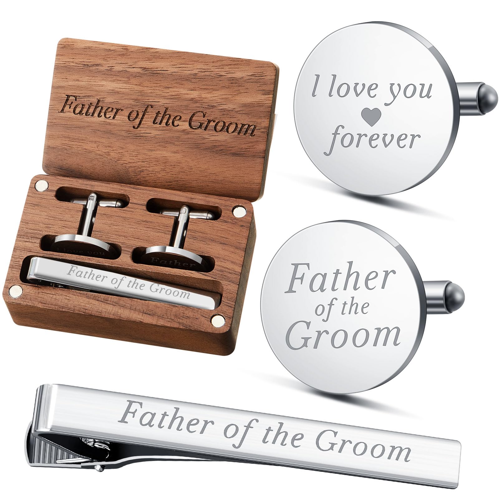 Colingmill Father of the Bride Gift Dad of the Bridegroom Cufflinks Tie Clip Set with Engraved Wood Gift Box for Dad