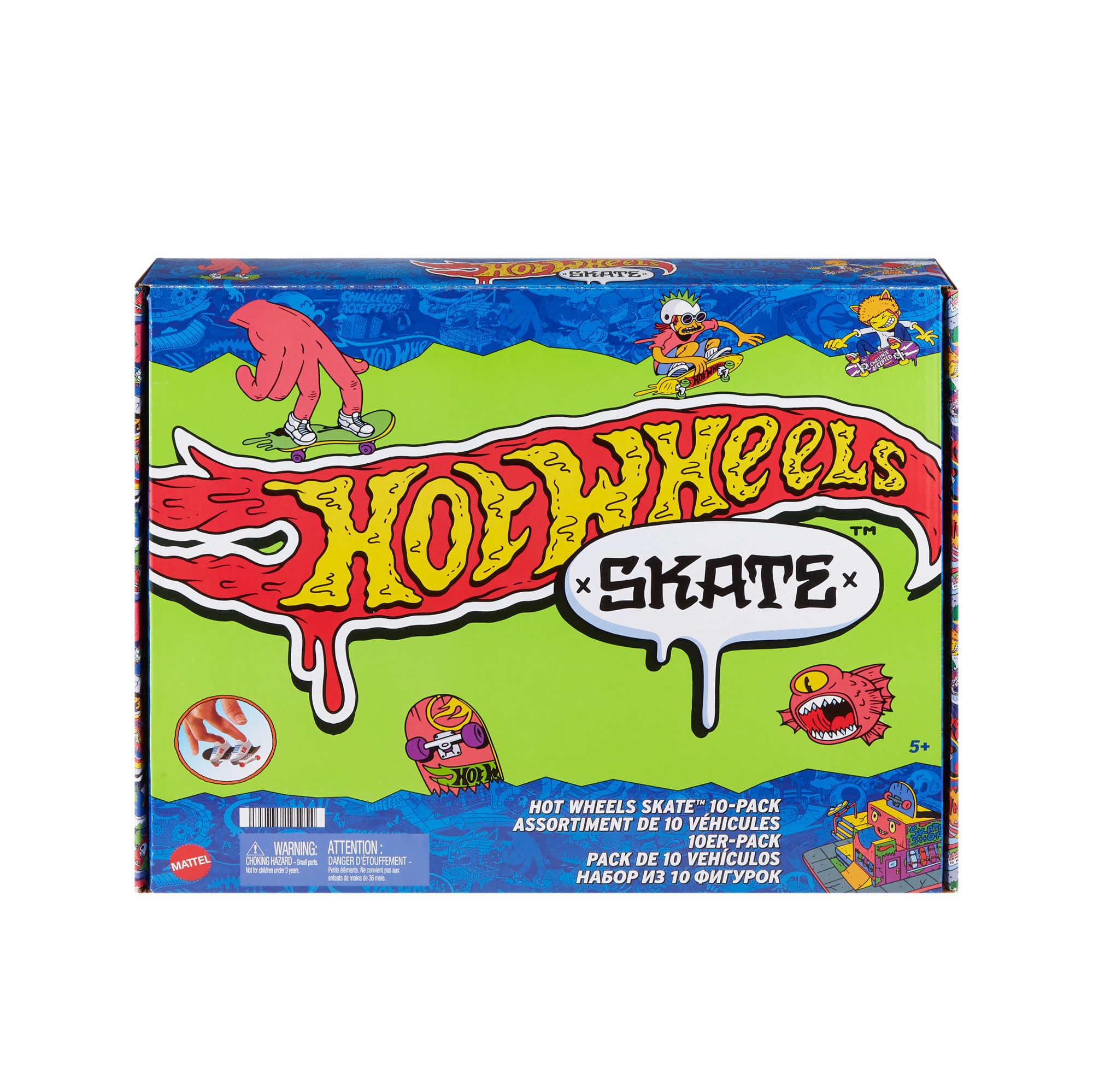 Hot Wheels Skate - Set da 10 fingerboard, include anche 5 paia di scarpine da skate rimovibili, grafiche dettagliate a tema, giocattolo per bambini, 5+ anni, HTP59