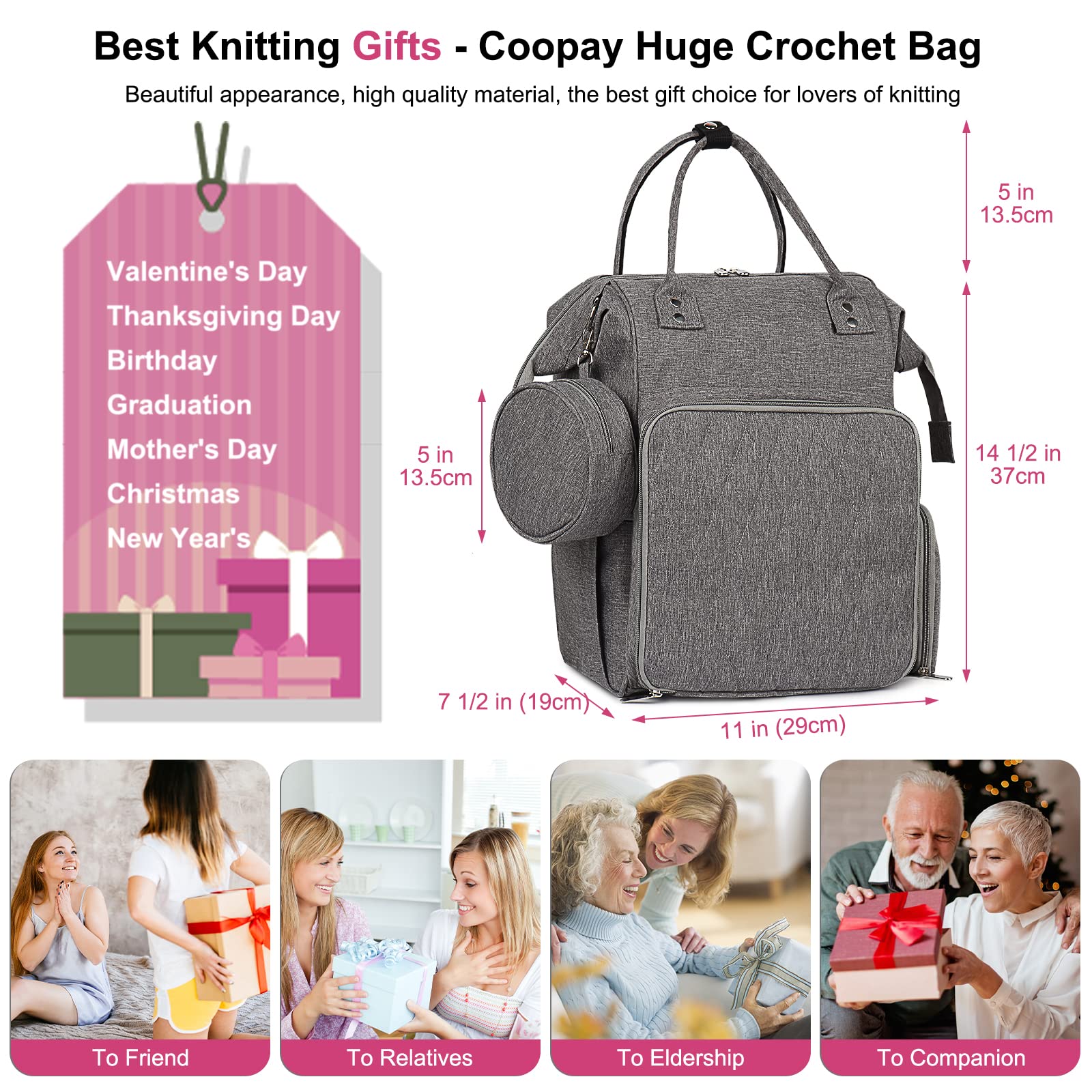 Coopay große Häkeltasche mit viel Platz, ideal für Garn, Strick- & Häkelnadeln, unfertige Projekte und Zubehör. Perfekt für Reisen, Organizer, Grau | Garn-Organizer mit großem Fassungsvermögen, für unfertige Projekte, Garn, Strick- und Häkelbedarf, 19 x 2