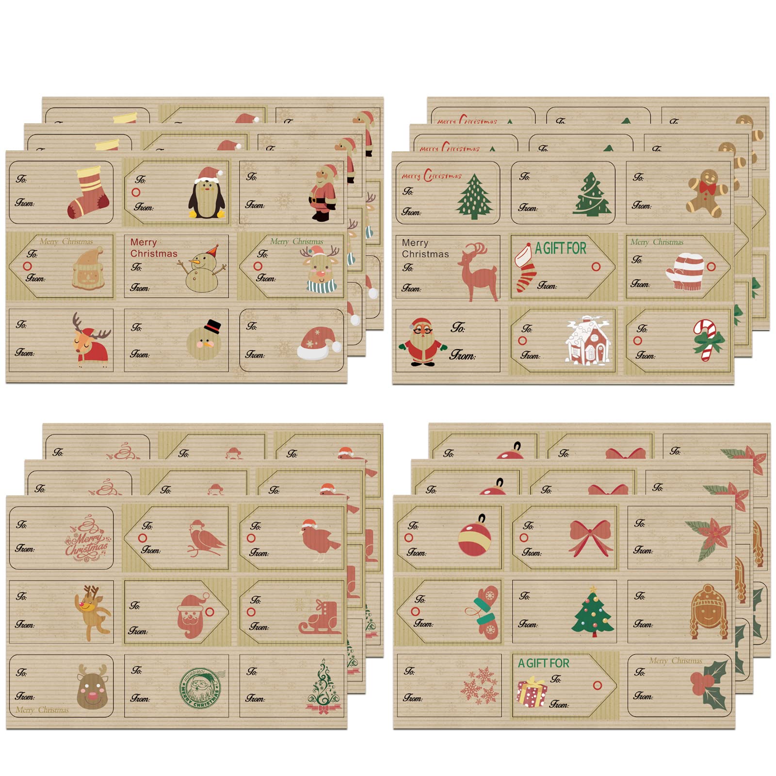 Jc.upin 12 Sheet Christmas Stickers - 108 Pcs Natural Kraft Christmas Self Adhesive Name Gift Tags, ​​Xmas Adhesive Labels For Gift Bags Cards Envelop/Wrapping Paper Decorations Party Supplies