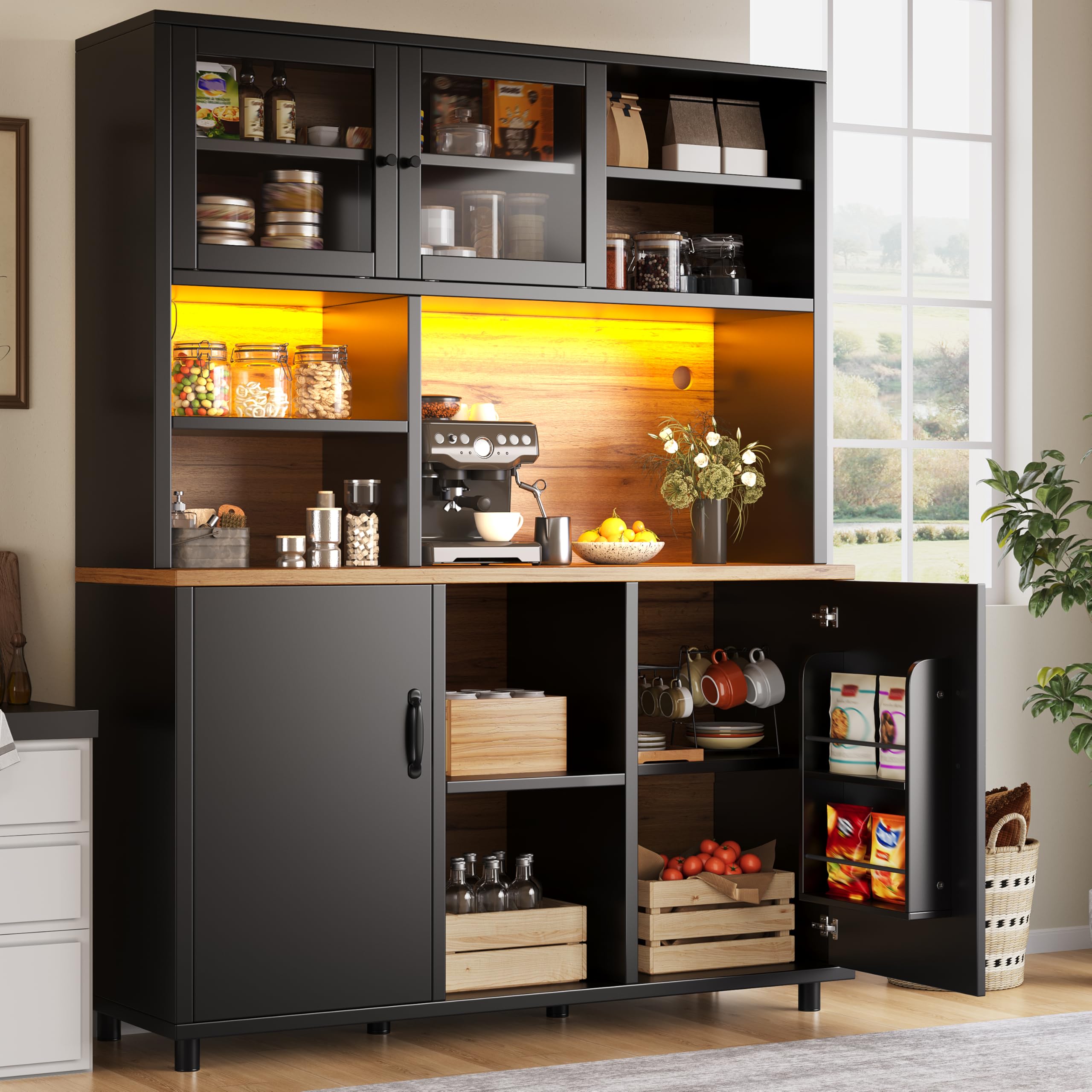 Küchenschrank mit LED, Hochschrank mit Schiebetüren & Arbeitsplatte, Buffetschrank mit Verstellbaren Regalen und Stauraum Regal, für Küche & Esszimmer & Wohnzimmer, Schwarz, 140x40.5x174.5cm
