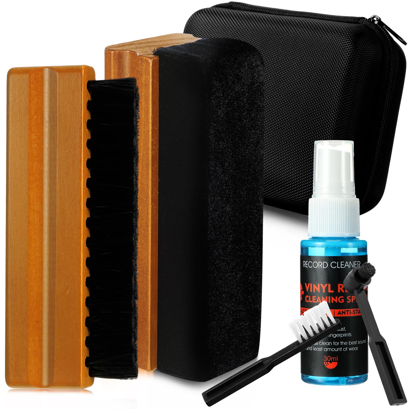 Ziliny Kit de limpieza de discos de vinilo de 6 piezas, incluye cepillo de microfibra de nailon, líquido limpiador y caja de almacenamiento, kit de cepillo de limpieza de discos de vinilo, regalo para