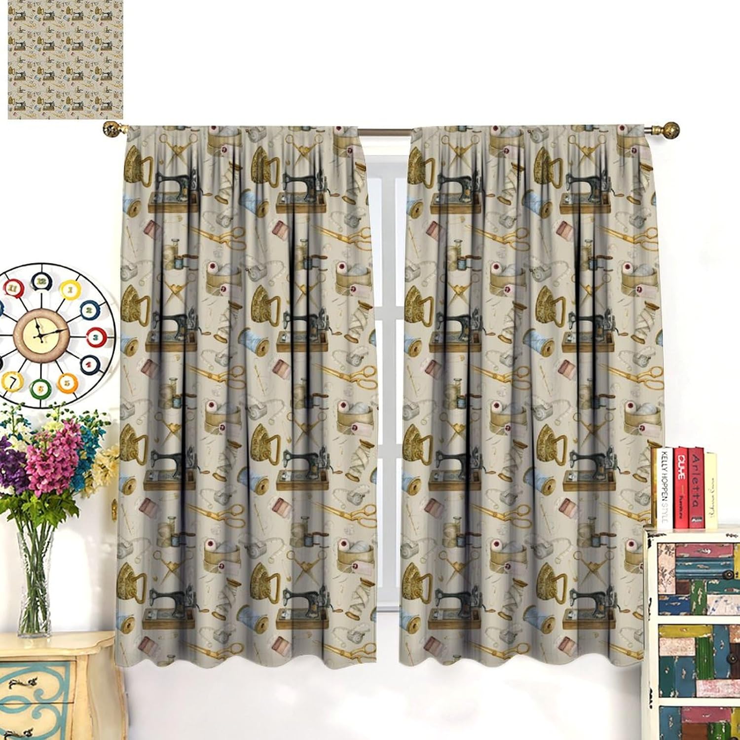 Sewing Theme Curtain,Sewing Machine Pattern for Girls Teens Women Adult Window Treatment Curtains for Bedroom Cafe Dining Room Office Living Room Kitchen Drapes, 72x63 in
