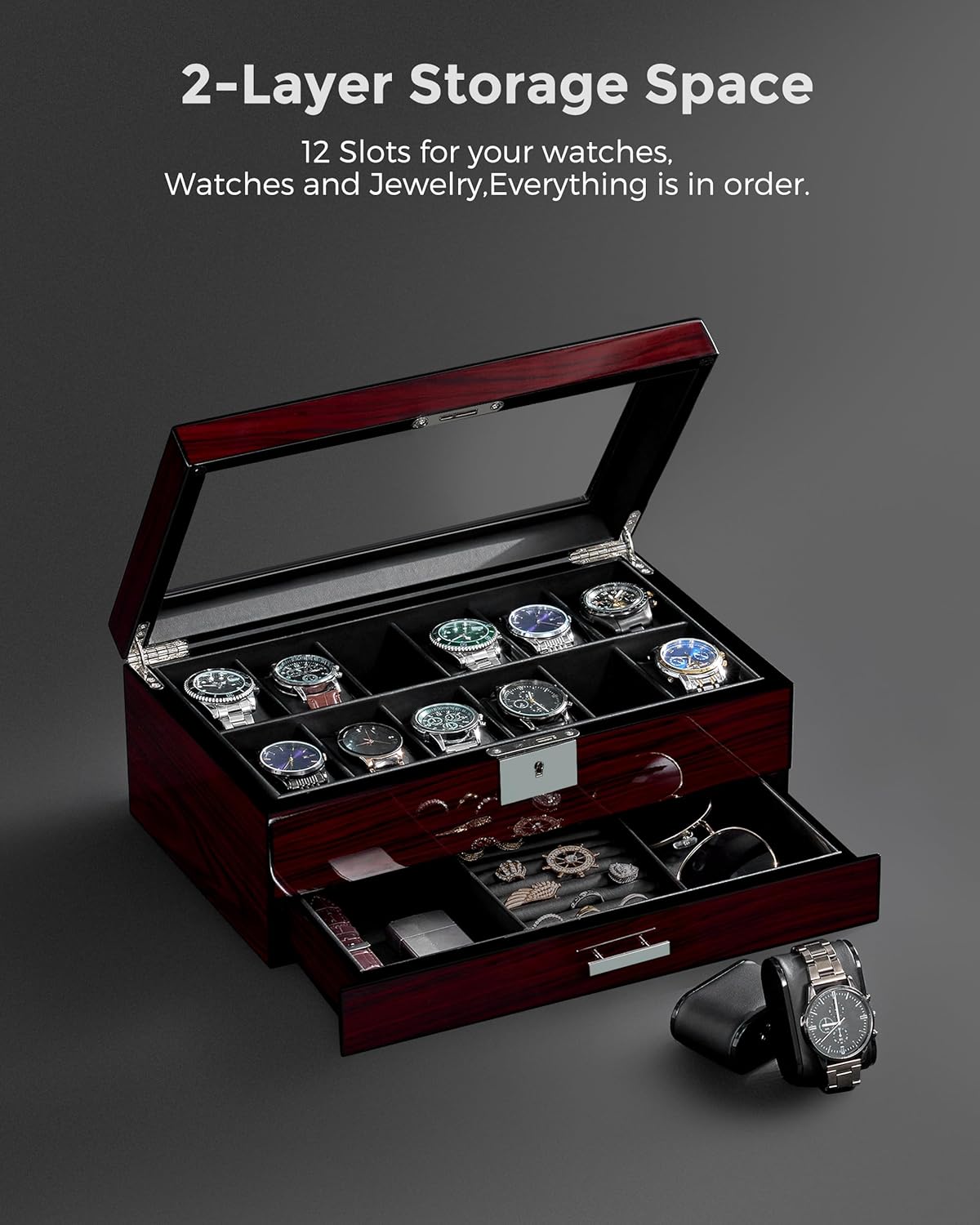 ANWBROAD 12 Slot Watch Cases for Men, Watch Box with Large Lid Jewelry Box with Watch Storage 2-Tier Paint Surface, Watch Holder Organizer for Men Lockable Watch Display Case UJWB001Y - Image 5