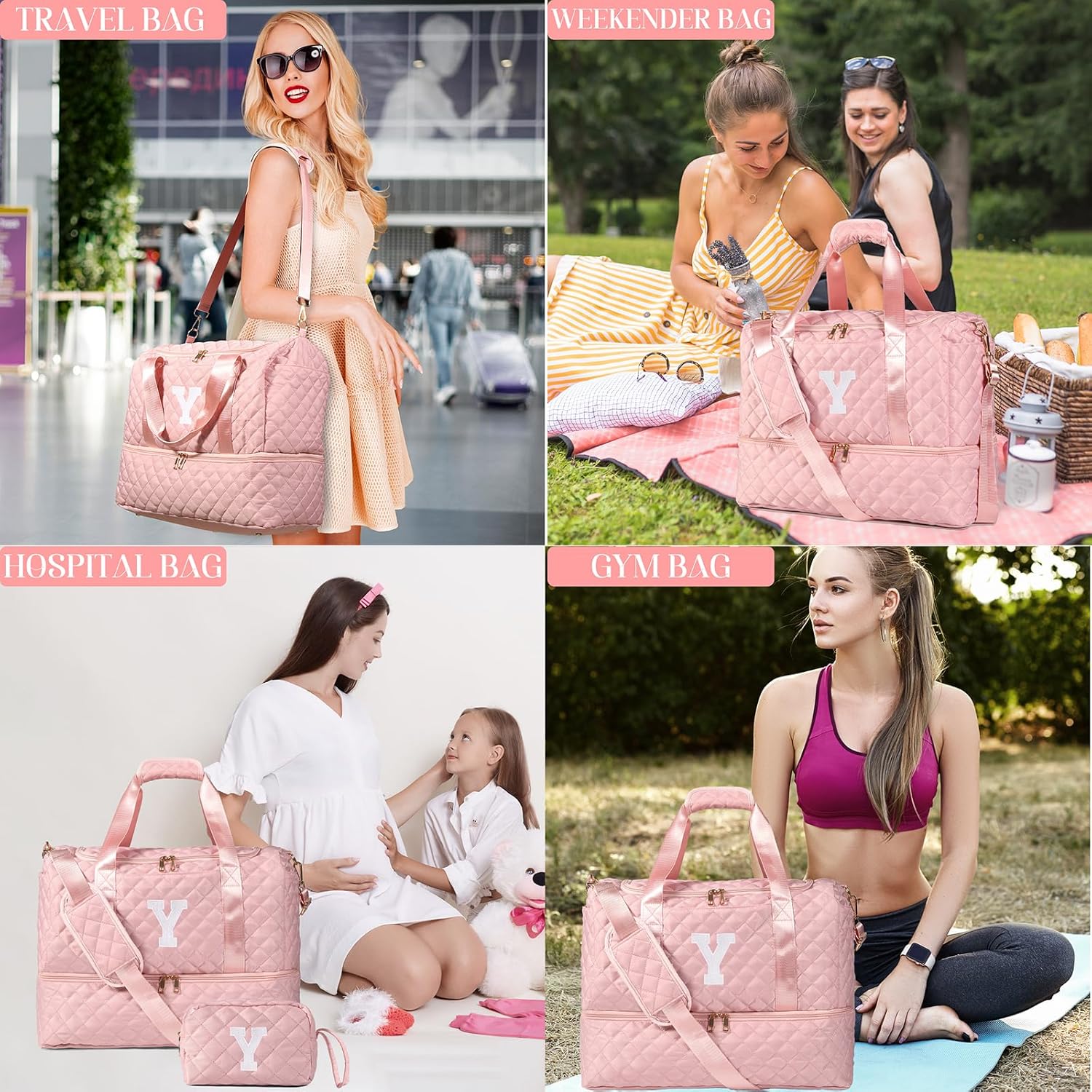 Personalized Initial Travel Bag, Quilted Duffle Bag, Weekender Bag for Women with Cosmetic Bag, Gym Bag with Shoe Compartment, Carry on Overnight Bag, Hospital Bag for Labor Delivery (Pink, Y)