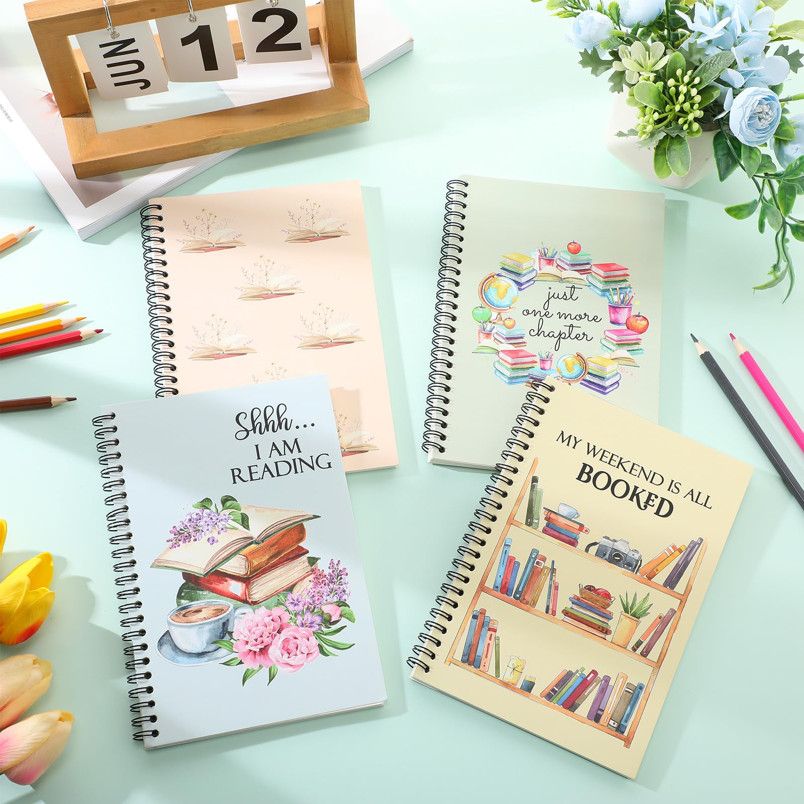 Colarr 4 cuadernos en espiral para amantes de los libros de regreso a clases, 5.5 x 8.3 pulgadas, cuaderno temático de libros, lindo diario forrado con alambre, blocs de notas para estudiantes,