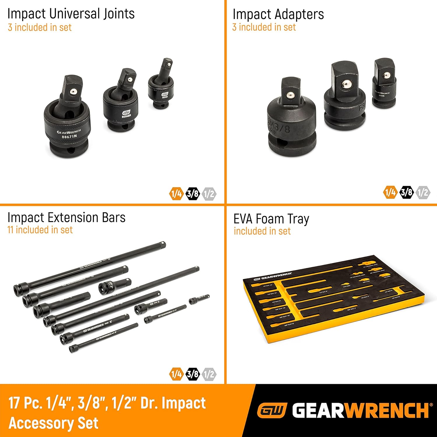 GEARWRENCH 17 Piece 1/4", 3/8", 1/2" Impact Drive Tool Accessories Set with EVA Foam Tray - 86524