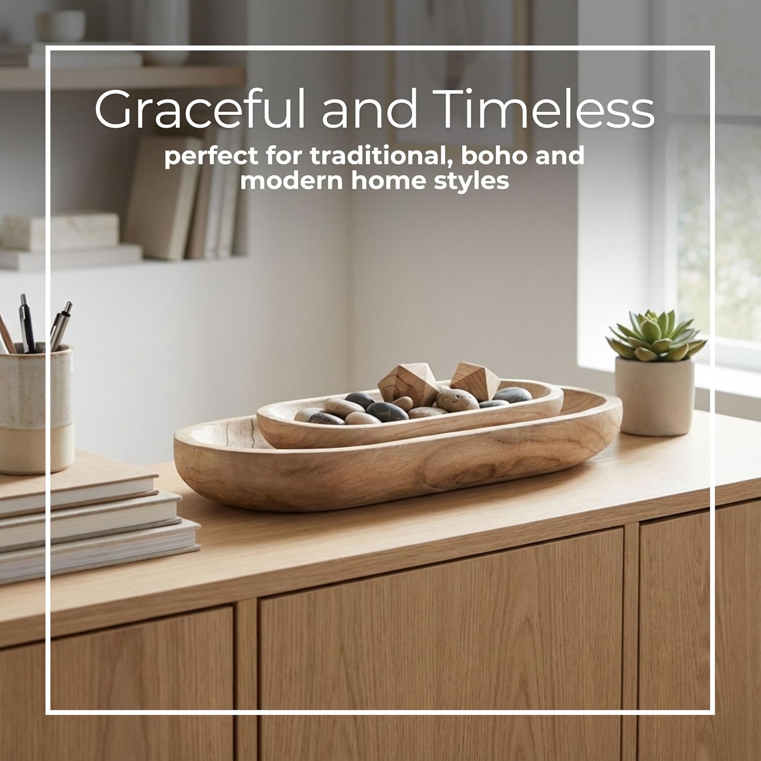 Paulownia Wood Decorative Bowls – Accent Bowl for Everyday Decorative Bowl Display, for Living Room, Kitchen, Entryway, or Shelf Decor, Rustic Aesthetic Brown Home Decor – 18" & 24", Brown