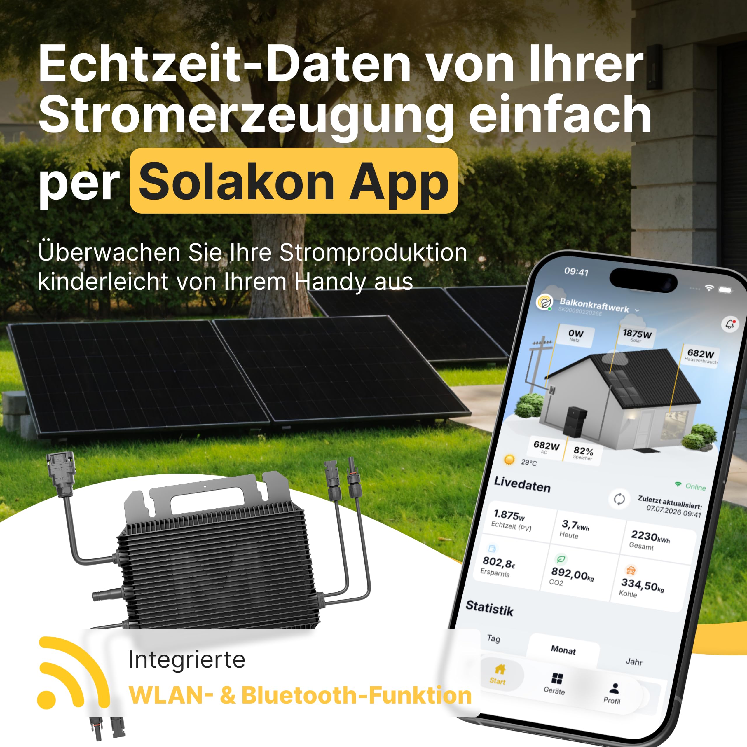 Solakon Balkonkraftwerk 2000W komplett Steckdose - Balkonkraftwerk 2000 Watt neuester Wechselrichter 800W - Solaranlage Komplettset mit 4x500W Solarpanel/Solar Panels mit 5m Kabel