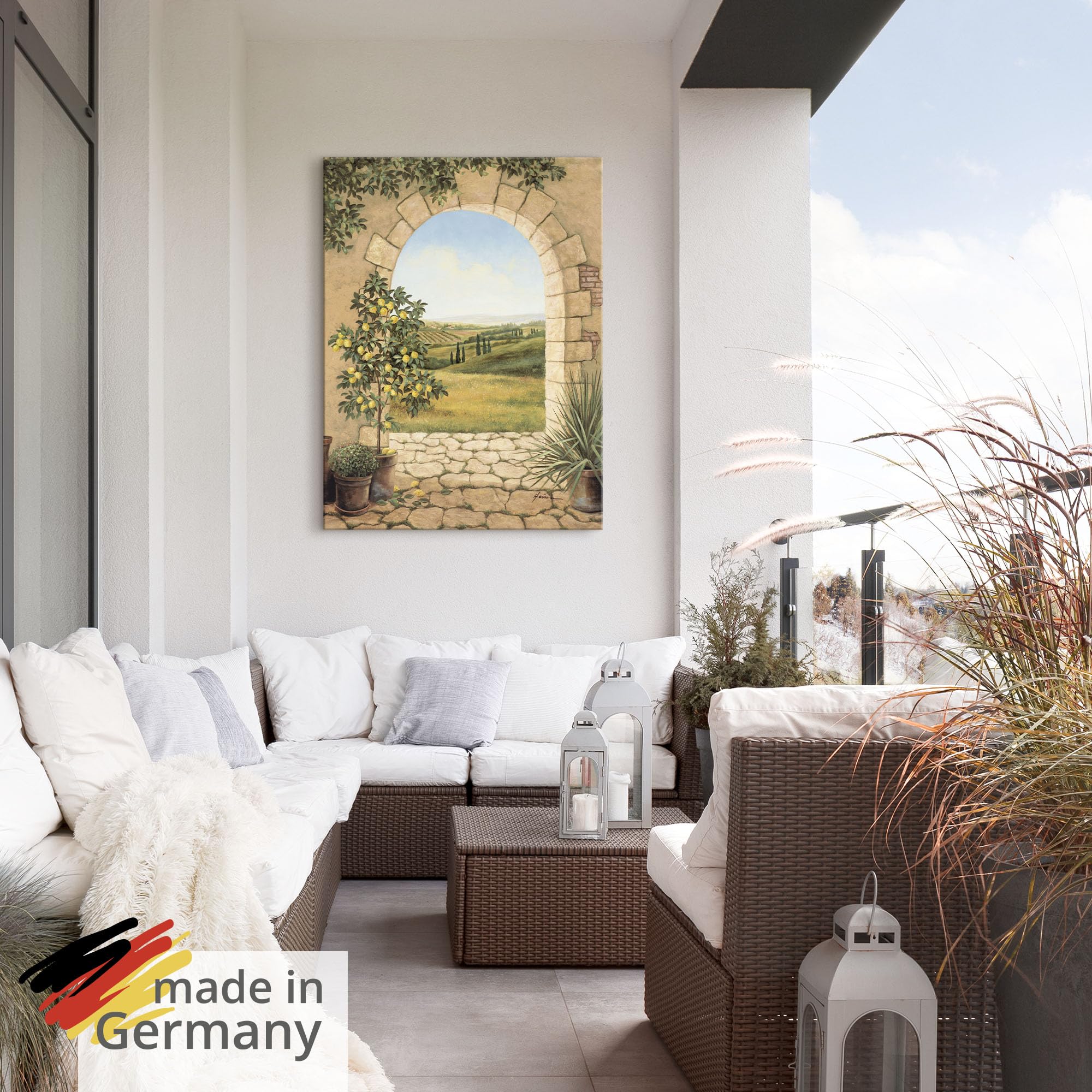 ARTland Wanddeko Wandbild Alu Verbundplatte für Innen & Outdoor Bild 45 x 60 cm Landschaften Fensterblick Malerei Creme Zitronenbaum vorm Torbogen A7CU