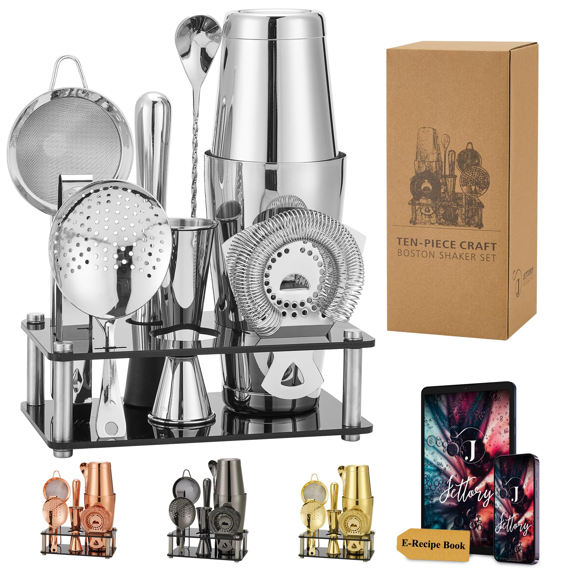 Boston Shaker Set da 10 Pezzi in Acciaio Inox Con Base Acrilica - Colino, Pinza per Ghiaccio, Cucchiaio, Misurino, Pestello - Perfetto per il Bar di Casa (Argento)