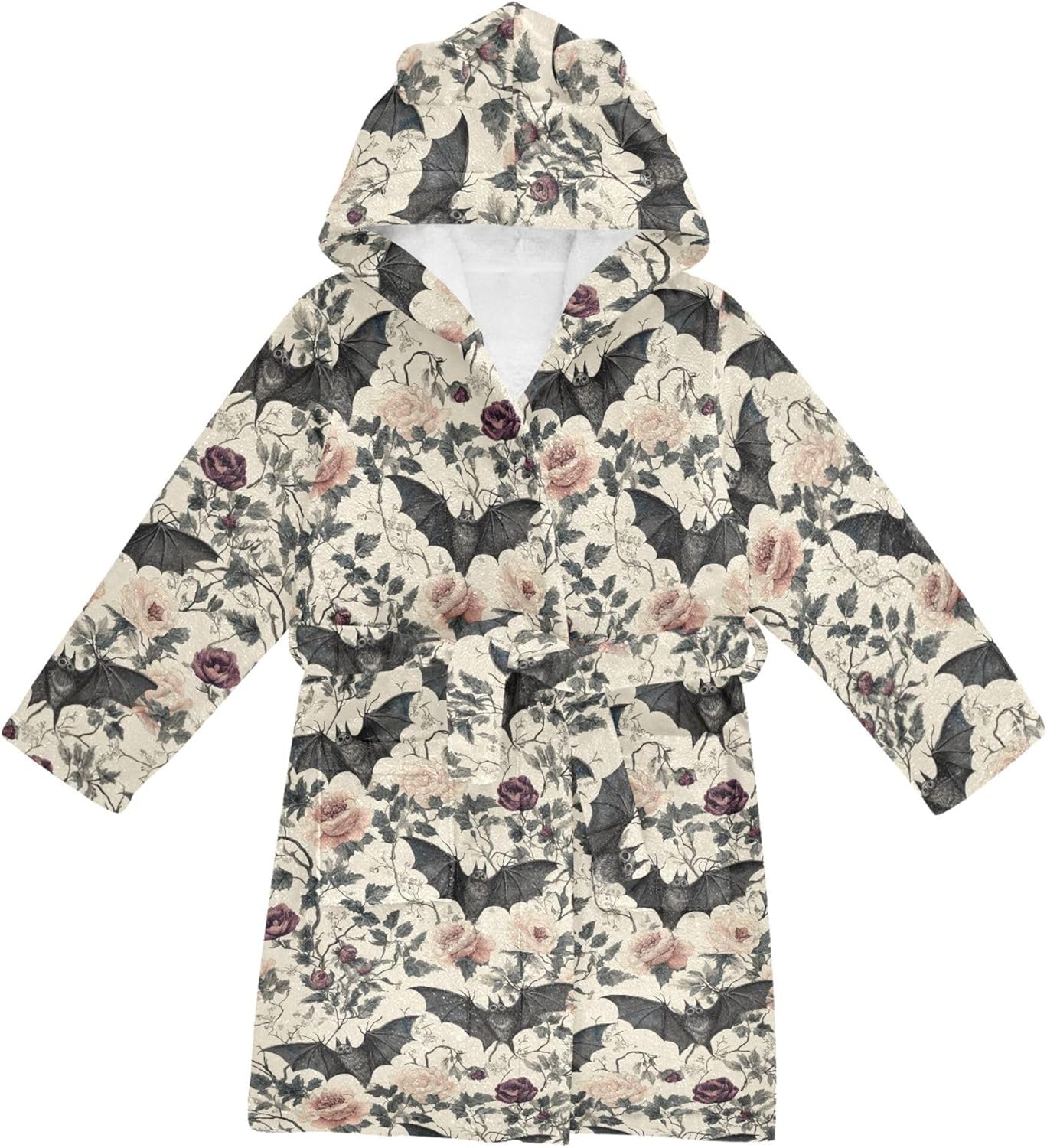 Halloween Goth Bats Rose Flowers Bathrobe Hooded PJ Robe Soft Fleece Robe Pajama Sleepwears 2-12 Years
