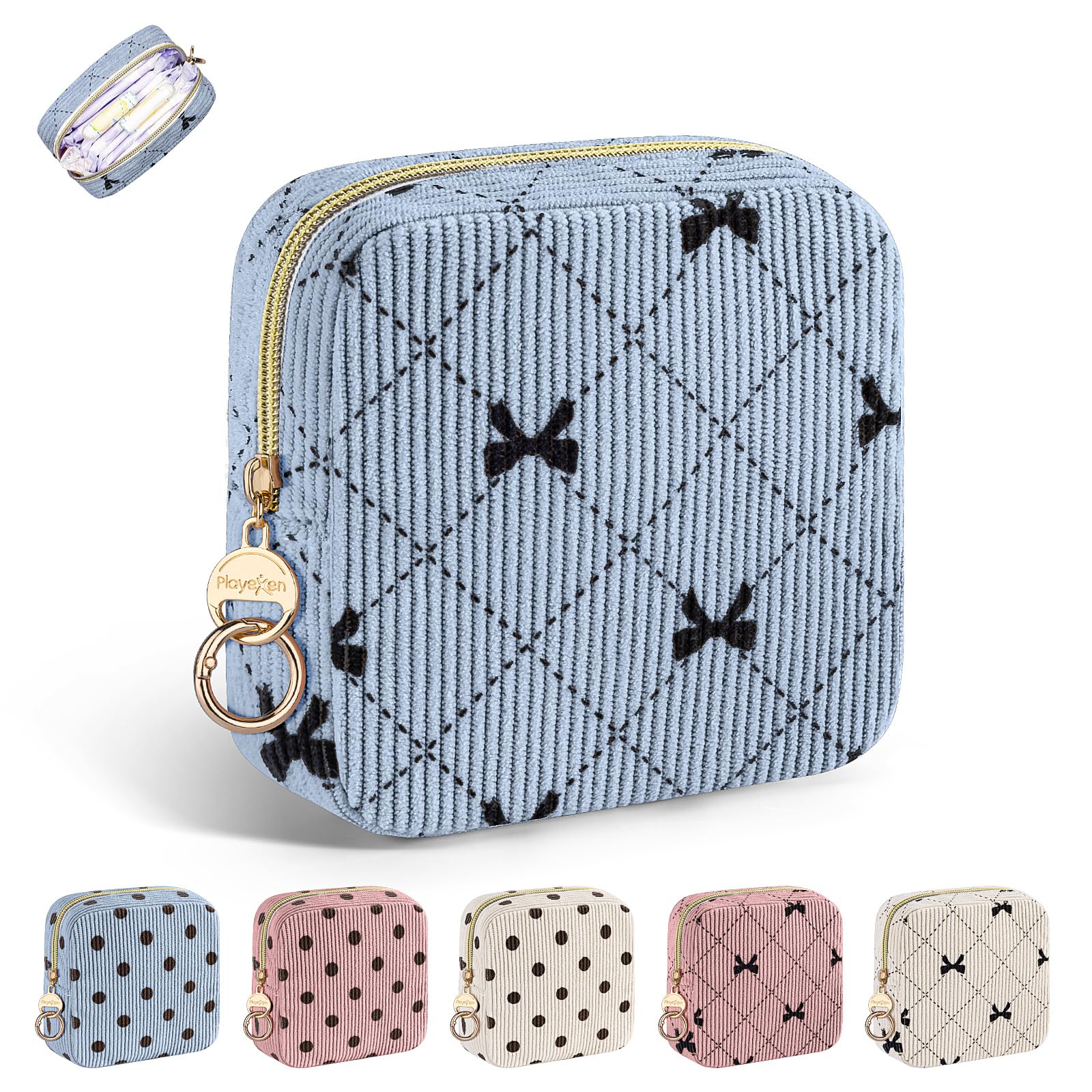 Period Bag for Teen Girls, Corduroy Sanitary Napkin Pouch, B-DBlue