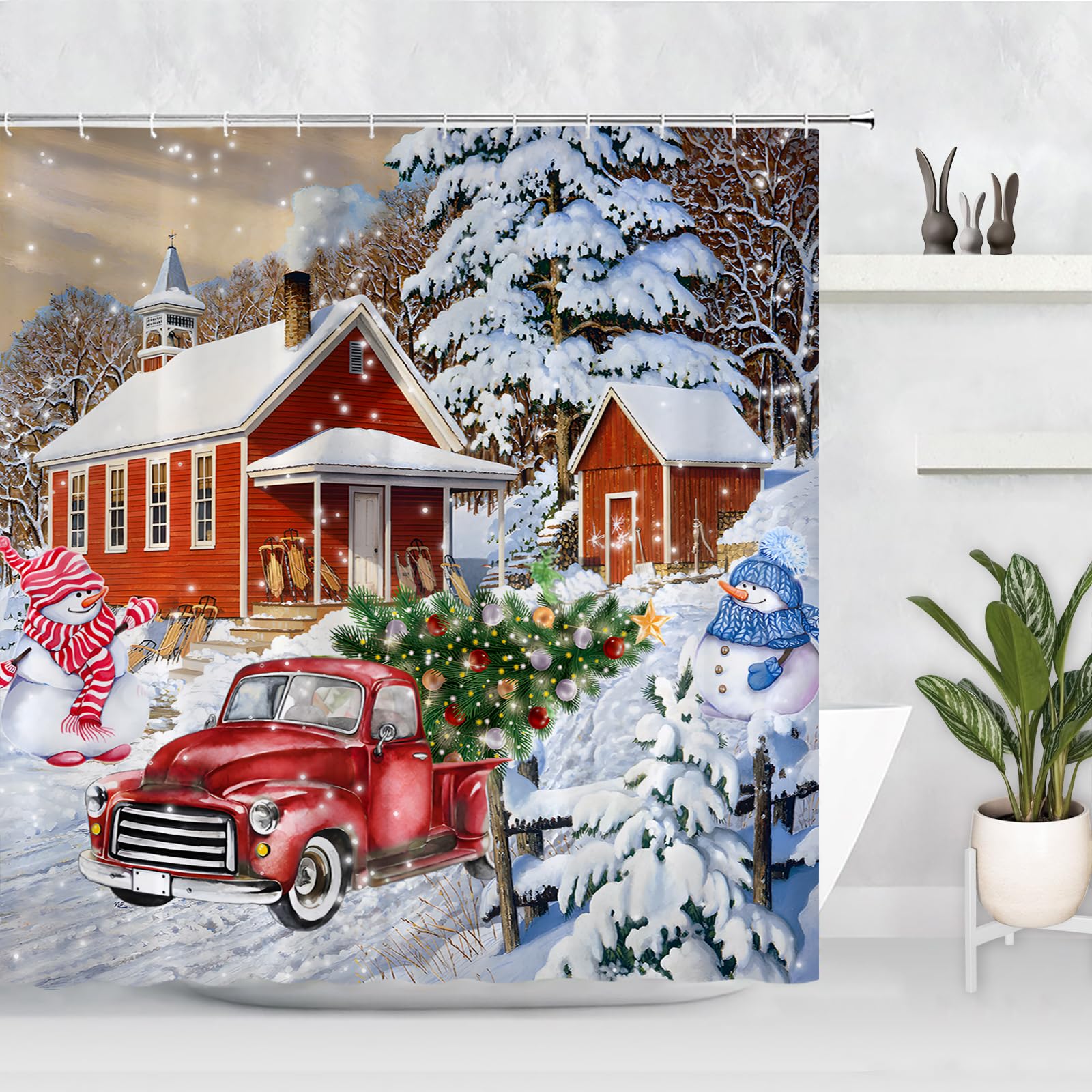 Gaakvrr Color-3 Merry Christmas Red Vintage Truck Shower Curtain Tree Winter Snow Snowman Rustic Retro Farmhouse Bathroom Decor 200X180cm