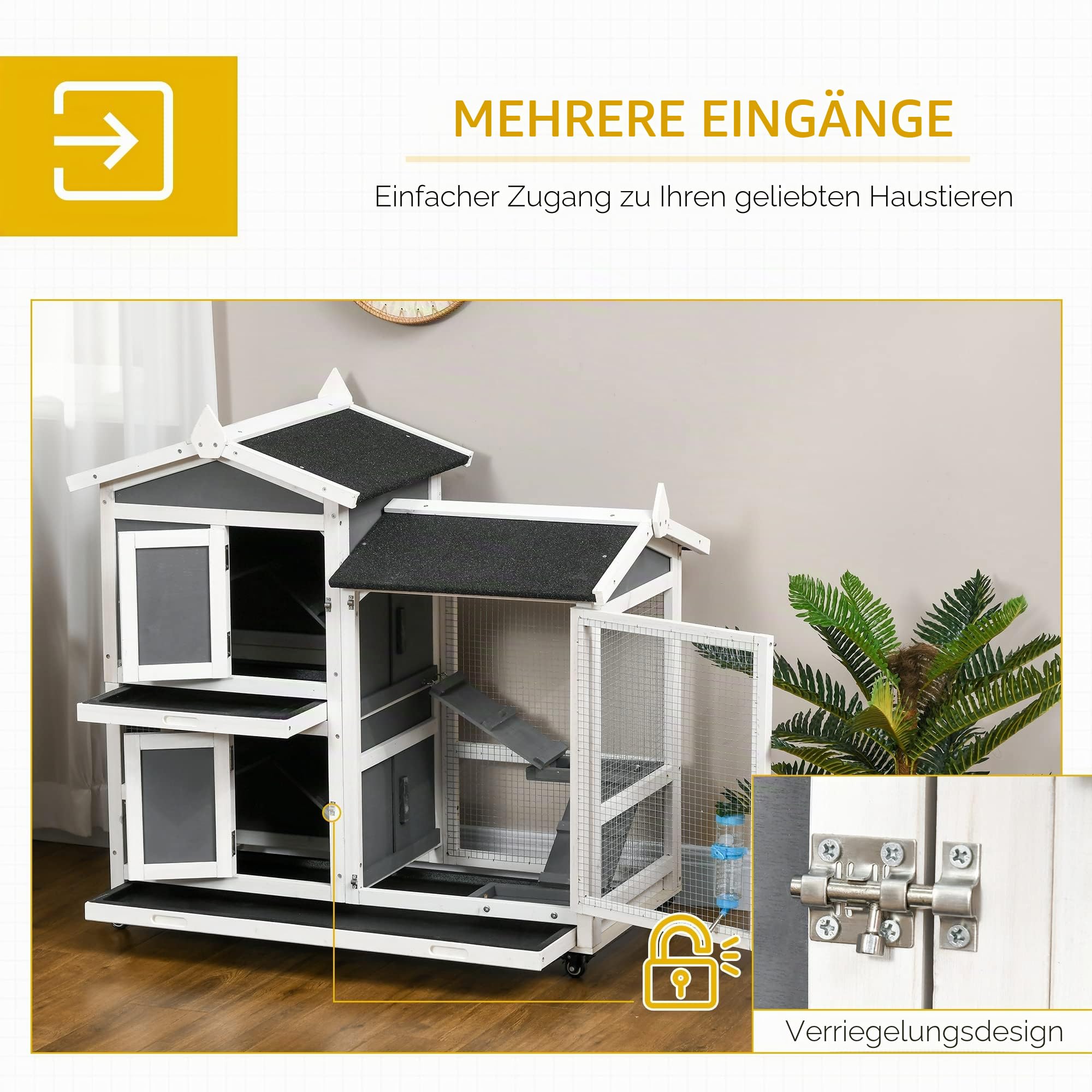 PawHut Außen Kaninchenstall für 2 Kaninchen 110x60x104cm Grau und Weiß
