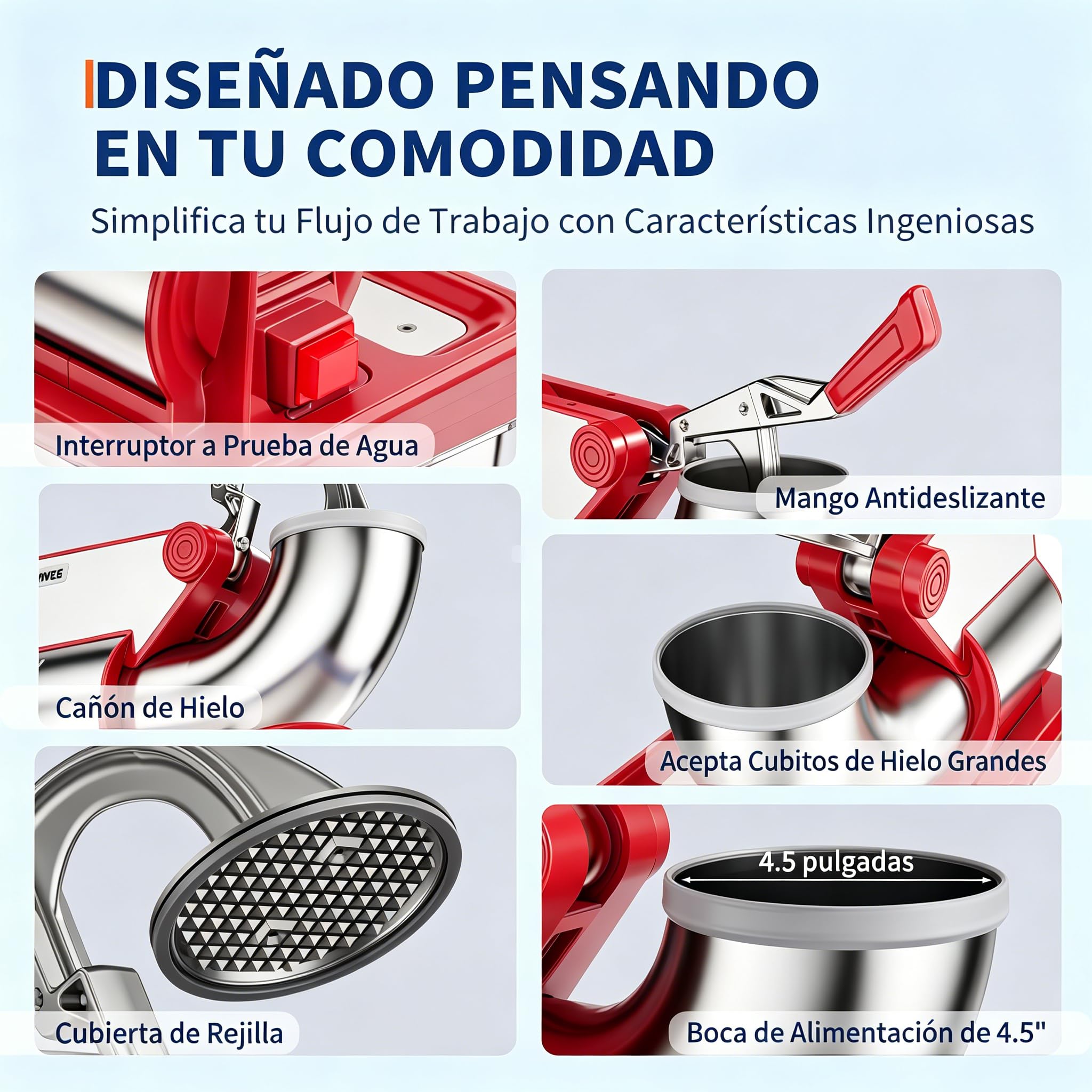 Garvee Máquina de Hielo Granizado Profesional 300W, Trituradora de Hielo Uso Comercial de Doble Cuchilla Acero Inoxidable, Tolva 4,5" Depósito 50L 300 kg/h, con ETL para Bar Cocina y Eventos, Rojo