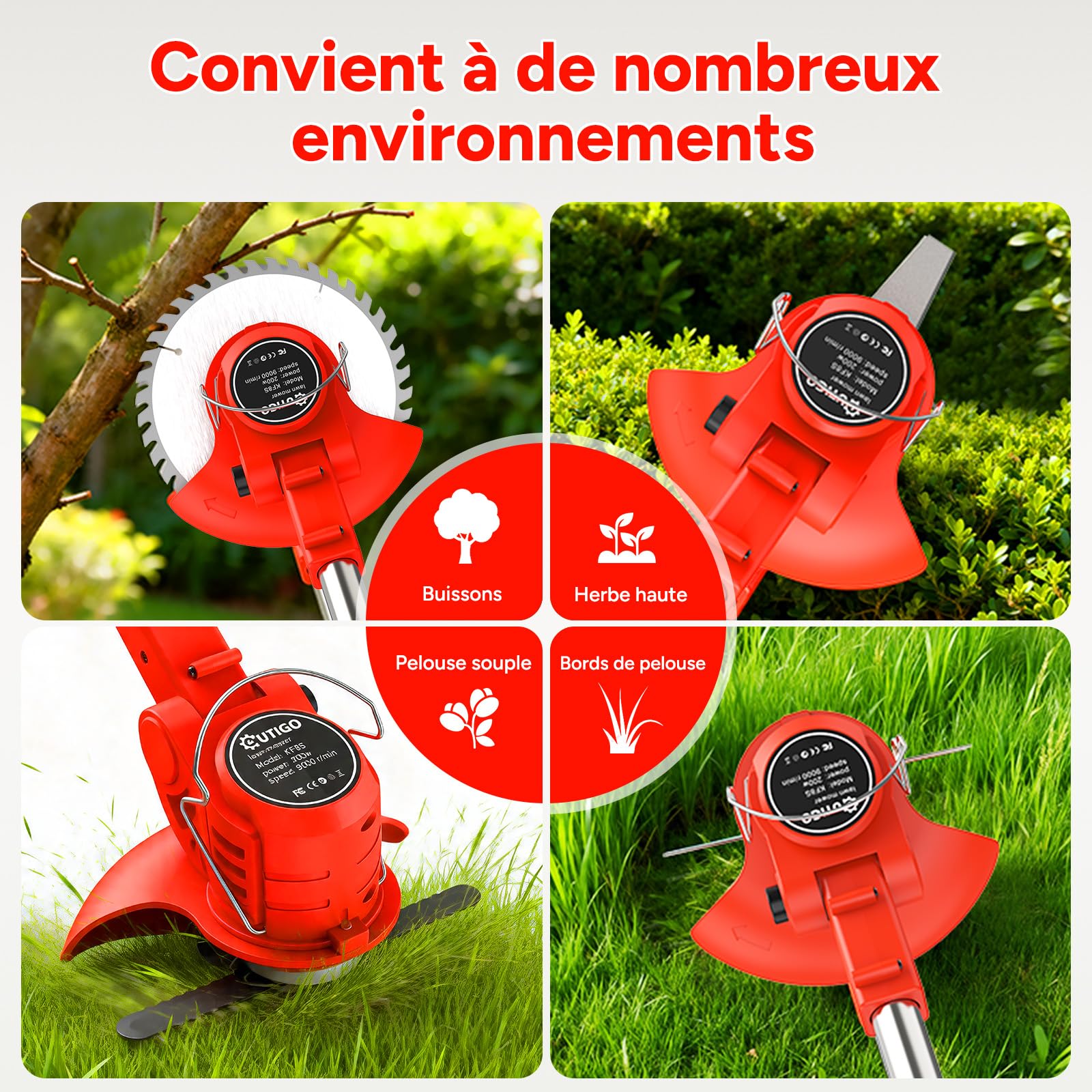 Débroussailleuse Électrique sans Fil sans Balais avec 2 Batteries et 4 Lames, Poignée Réglable, Portable pour Couper l'Herbe
