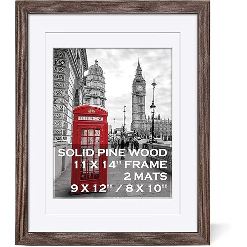 11x14 Rustic Picture Frames Solid Wood Distressed Brown- Display Picture 9x12 or 8x10 with Mat or 11x14 Frame without Mat - Farmhouse Wooden Photo Frame 11x14 with 2 Mats for Wall Mounting or Table Top
