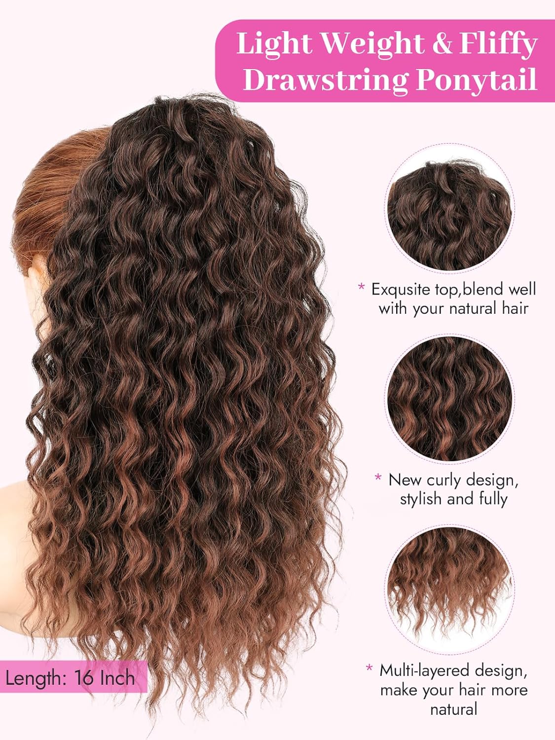 Isaic Ponytail Extension 16 Inch Long Wavy Curly Ponytails Drawstring Ponytail for Black Women Mix Brown with Deep Orange Pony Tails Hair Extensions Synthetic Hairpiece for Daily Use