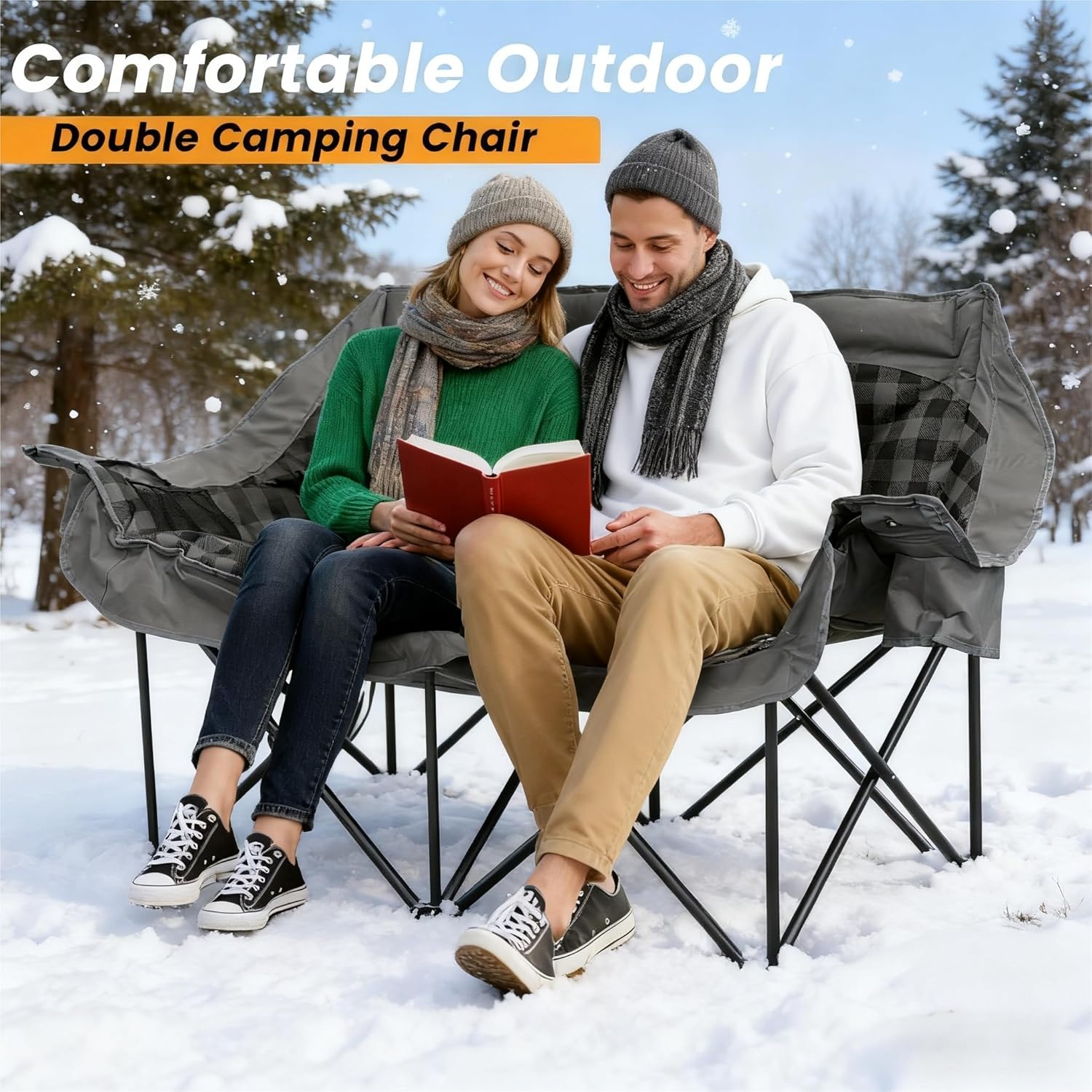 Heated Double Camping Chair with 2 Battery, Padded Camping Couch with 3 Heat Levels and 4 Heating Zones, Oversized Camp Loveseat Support 800lbs for Soccer Games, Tailgating, RV Travel, Beach Days - Image 3