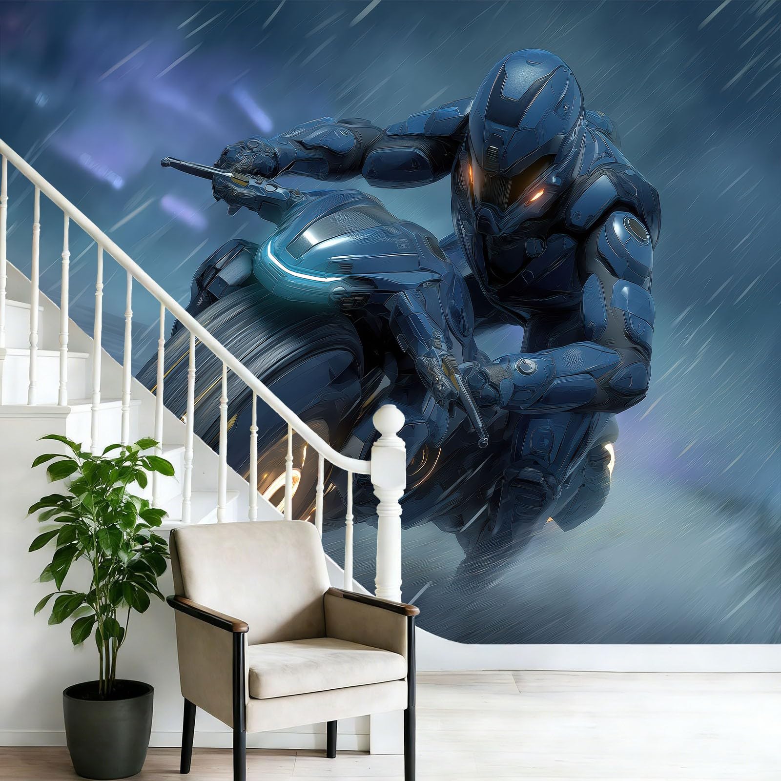 Tapeta panoramiczna 400 x 280 cm, tło science fiction tapeta z motywem motocyklisty do zabaw i żłobka, ciemnoniebieska